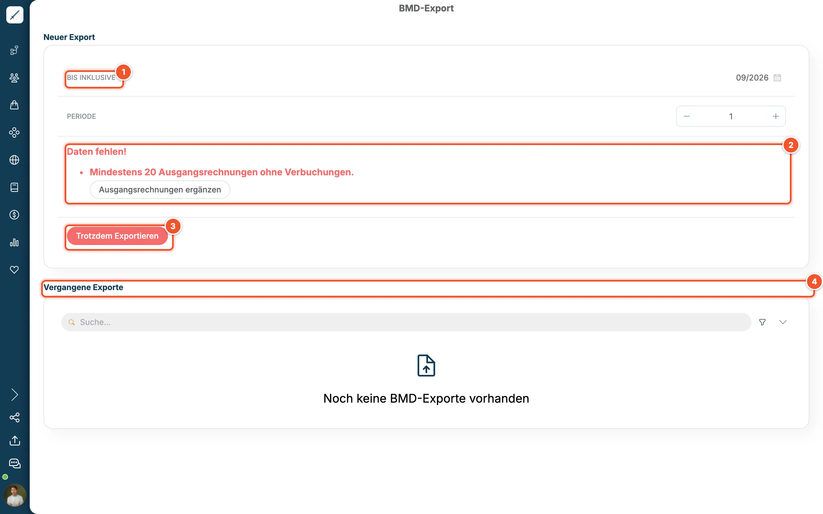 BMD-Export mit Bis inklusive 09/2026, Hinweis Daten fehlen, Button Trotzdem Exportieren und leerer Liste vergangener Exporte