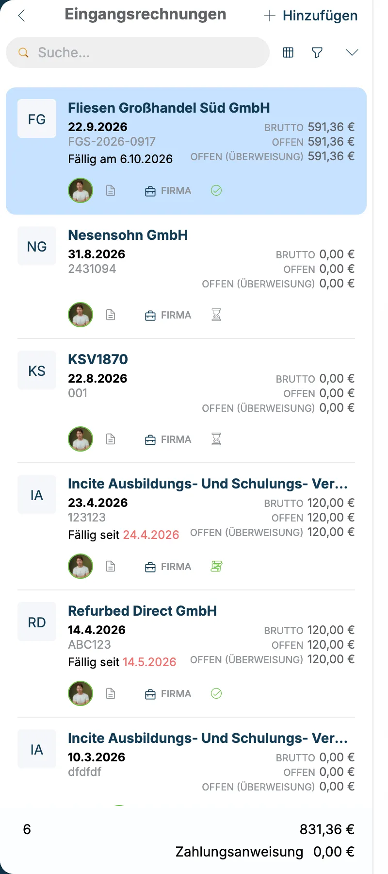Liste der Eingangsrechnungen mit Fliesen Großhandel Süd GmbH 591,36 Euro und mehreren Rechnungen mit 0,00 Euro