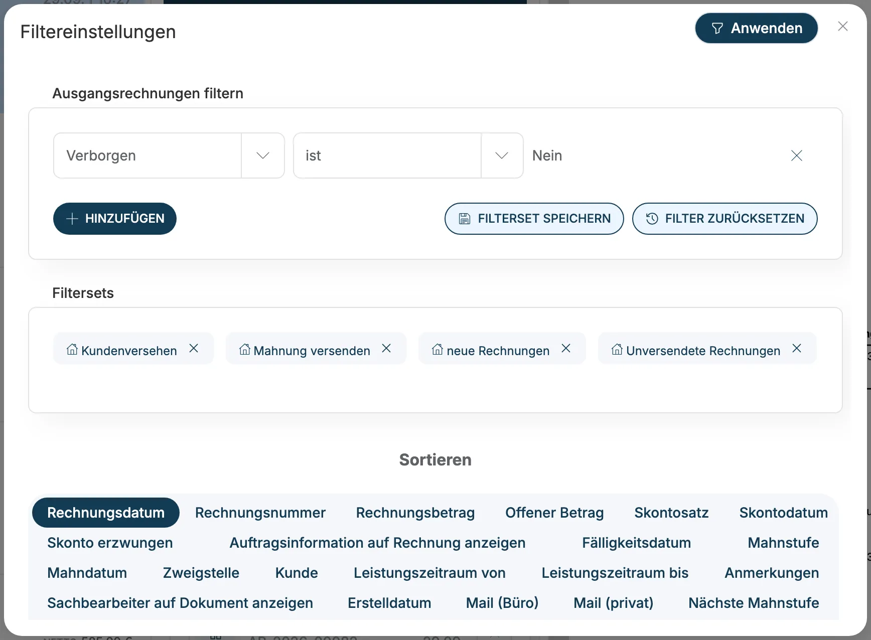 Filtereinstellungen der Ausgangsrechnungen mit den Filtersets Kundenversehen, Mahnung versenden, neue Rechnungen und Unversendete Rechnungen