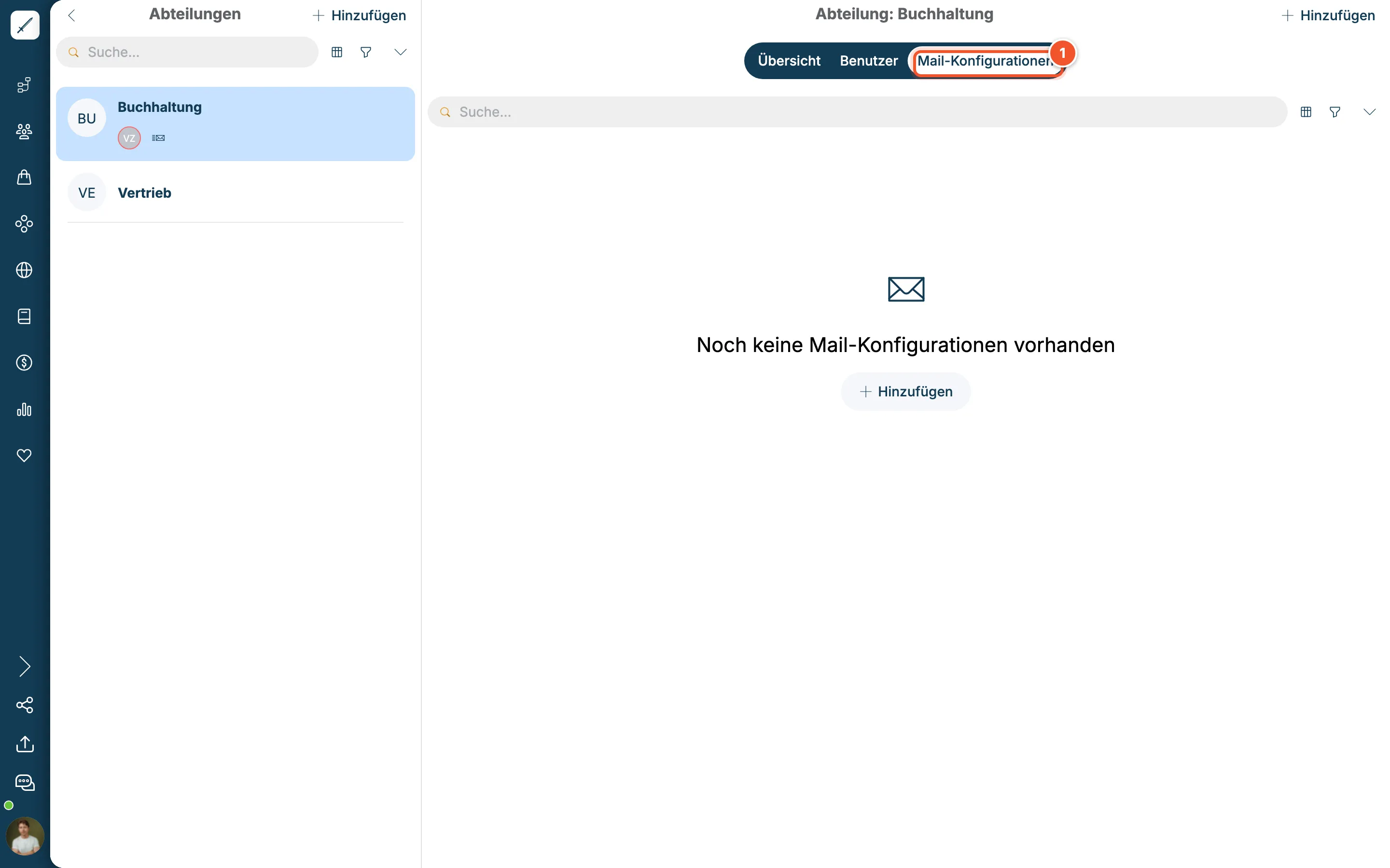 Reiter Mail-Konfigurationen einer Abteilung ohne Einträge