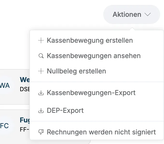 Geöffnetes Menü Aktionen der Kassa