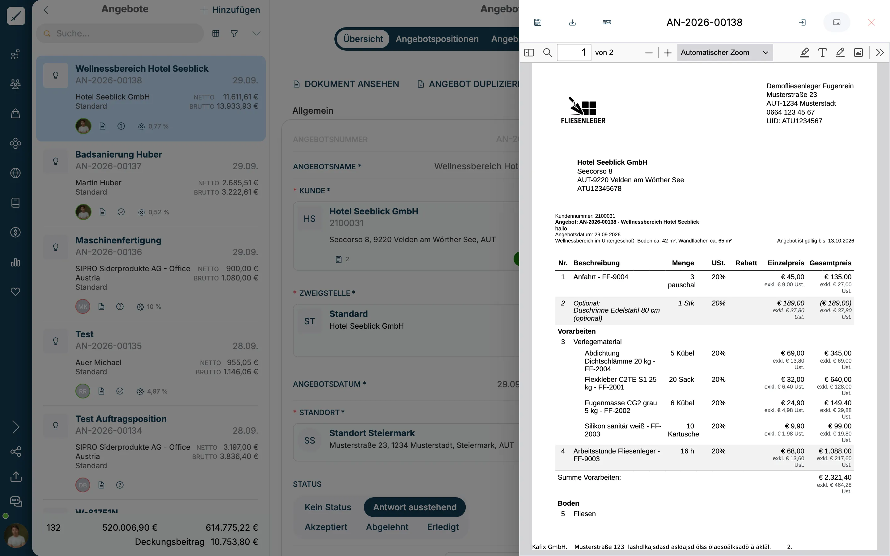 Angebot mit geöffneter PDF-Vorschau rechts