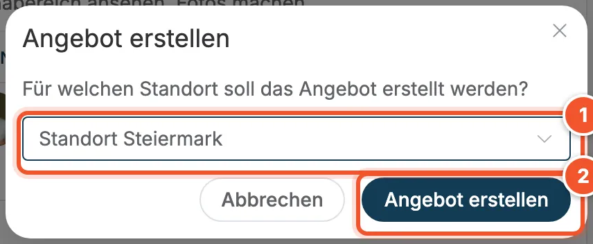 Fenster Angebot erstellen mit Standortauswahl