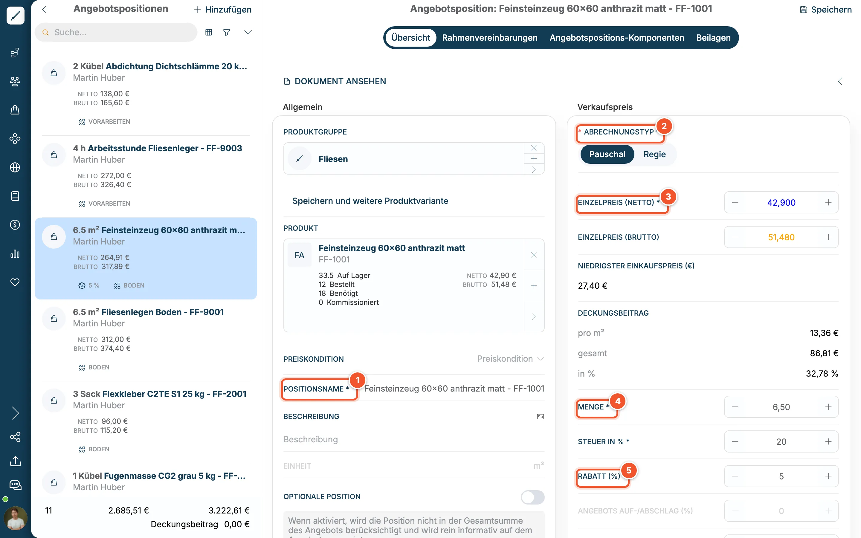 Angebotsposition Feinsteinzeug mit Positionsname, Abrechnungstyp, Einzelpreis, Menge und Rabatt