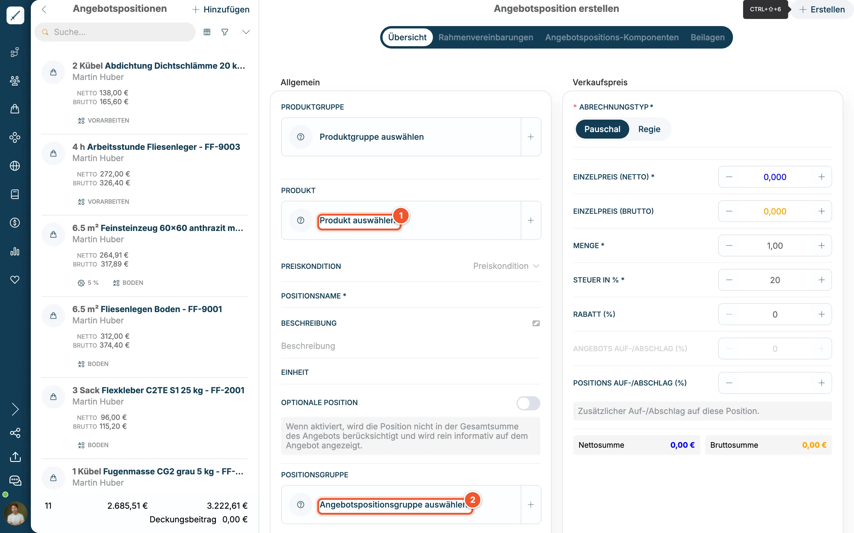 Position hinzufügen: Produkt suchen, Menge eintragen, Gruppe wählen