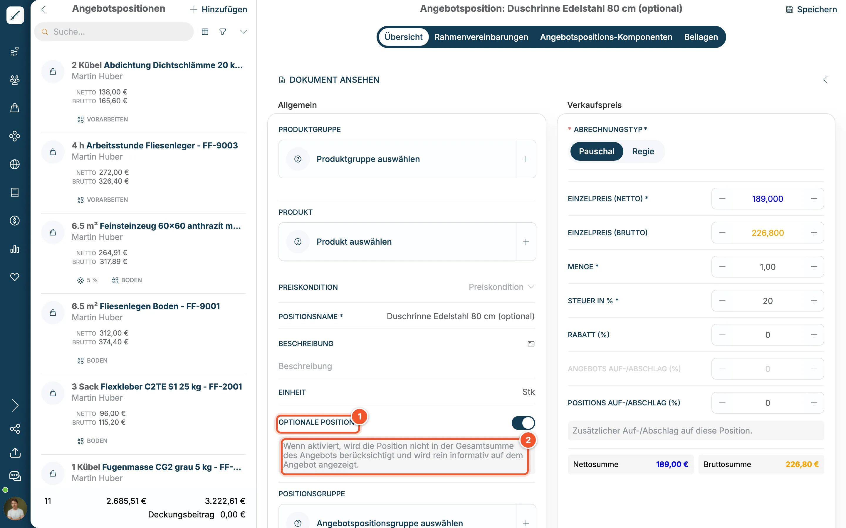 Angebotsposition Duschrinne mit eingeschalteter optionaler Position