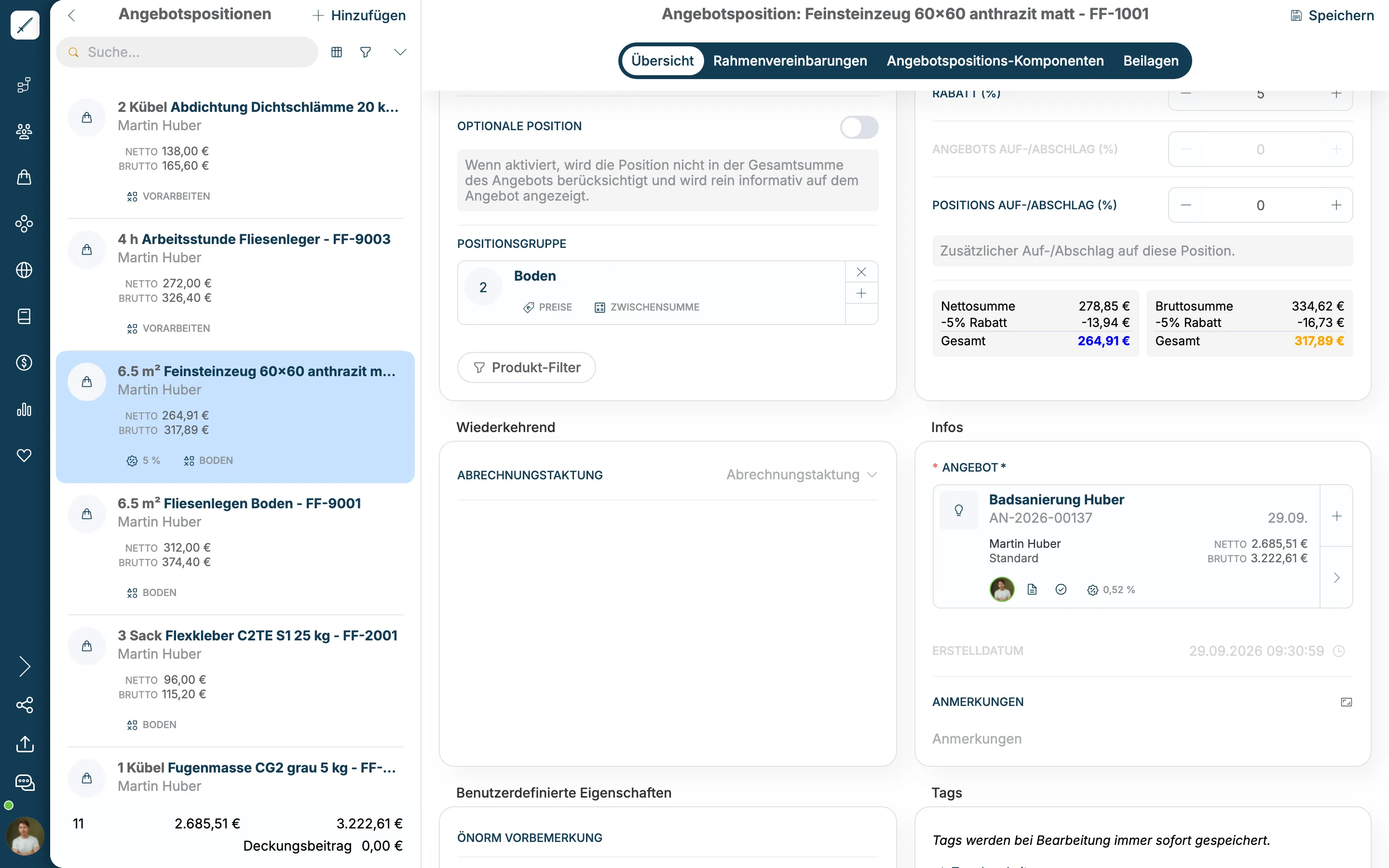 Weitere Felder einer Angebotsposition: Optionale Position, Positionsgruppe, Positions Auf-/Abschlag, Summen