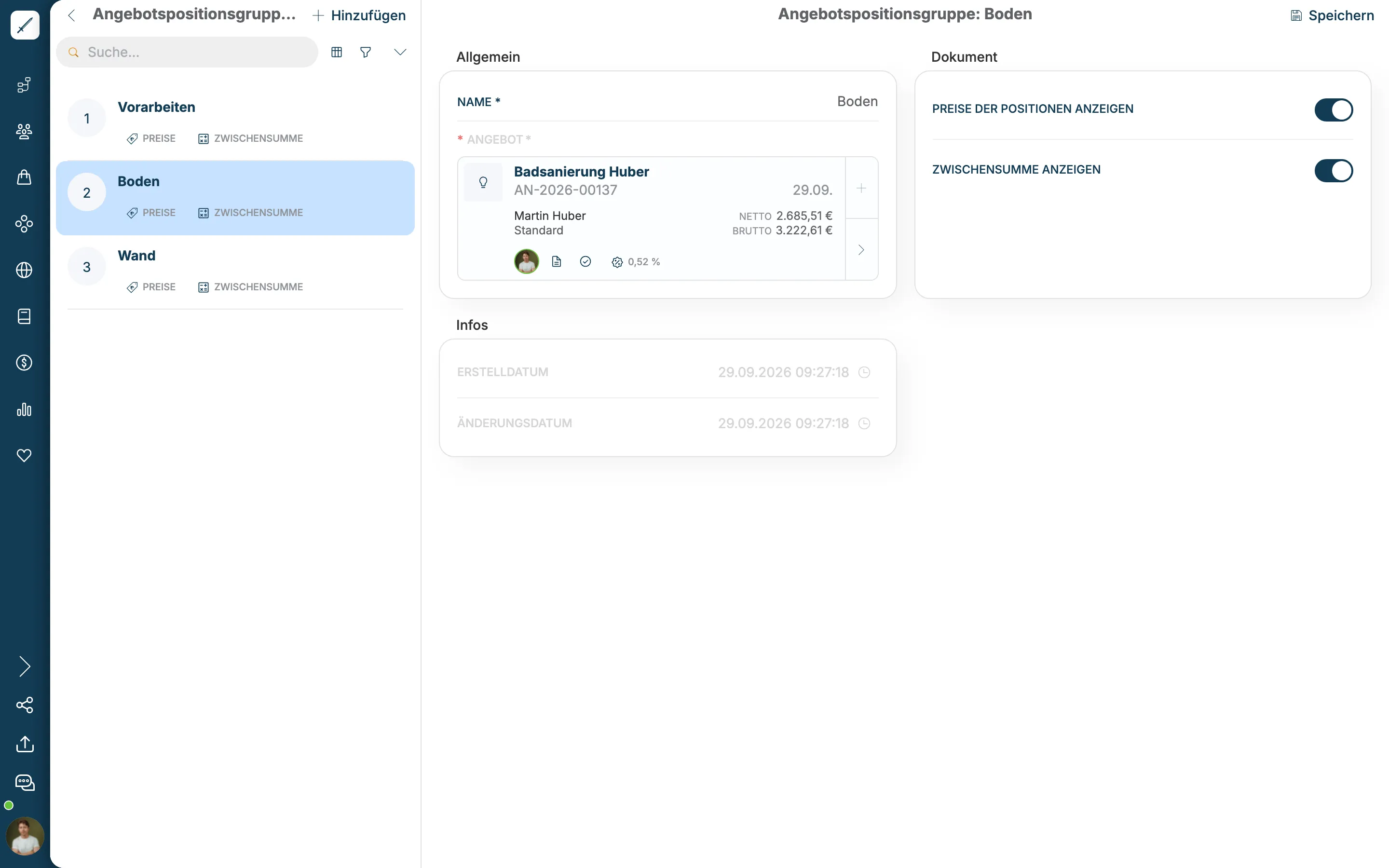 Angebotspositionsgruppe Boden mit den Schaltern Preise der Positionen anzeigen und Zwischensumme anzeigen