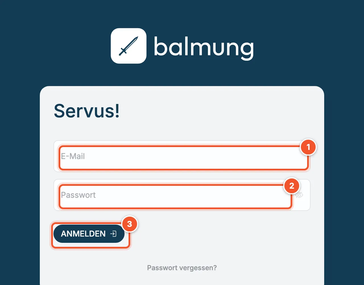 Anmeldeseite von balmung mit den Feldern E-Mail und Passwort