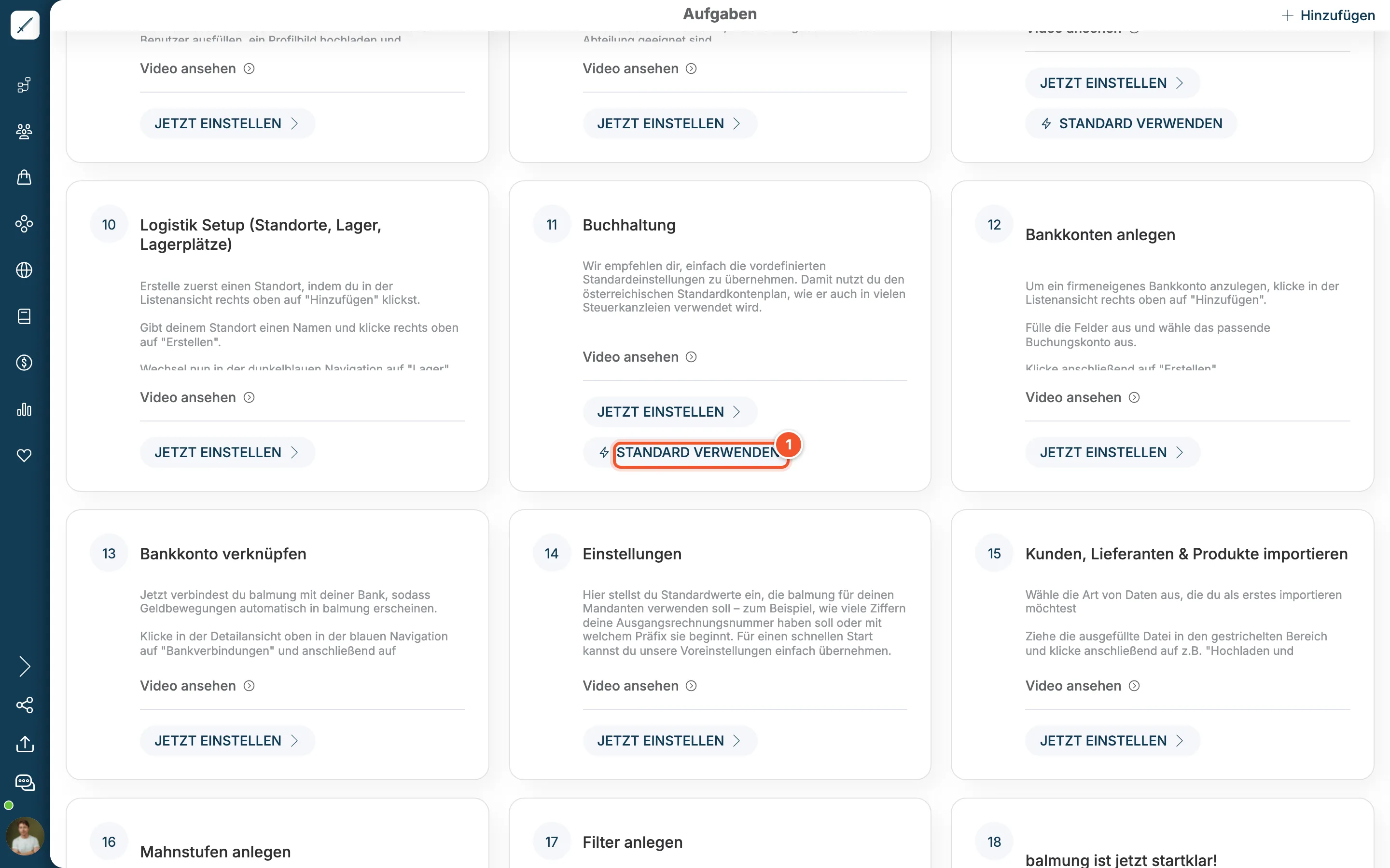 Karten Logistik Setup, Buchhaltung, Bankkonten und weitere mit Buttons Jetzt einstellen und Standard verwenden