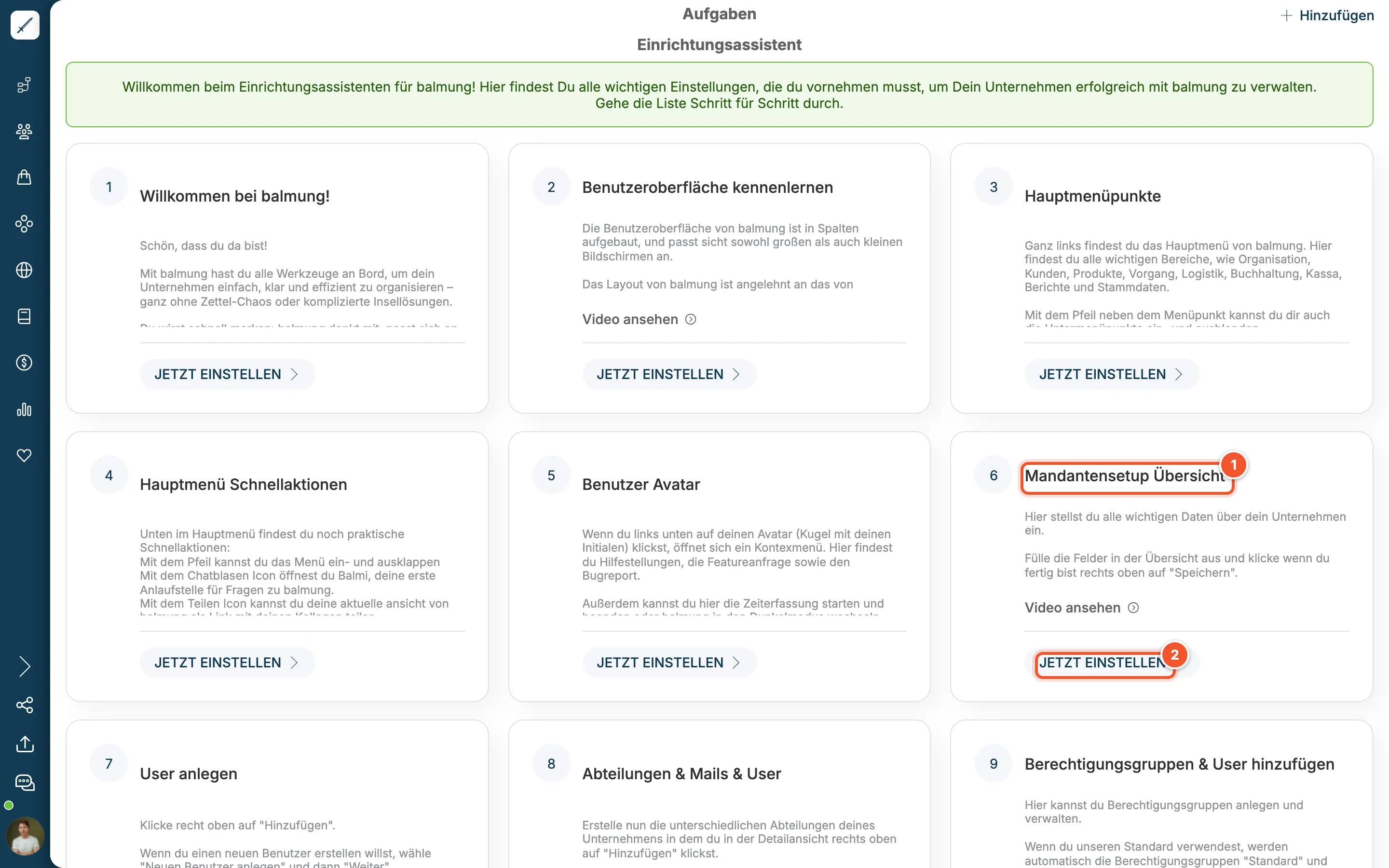 Einrichtungsassistent mit nummerierten Karten wie Willkommen, Benutzeroberfläche, Hauptmenüpunkte und Mandantensetup Übersicht