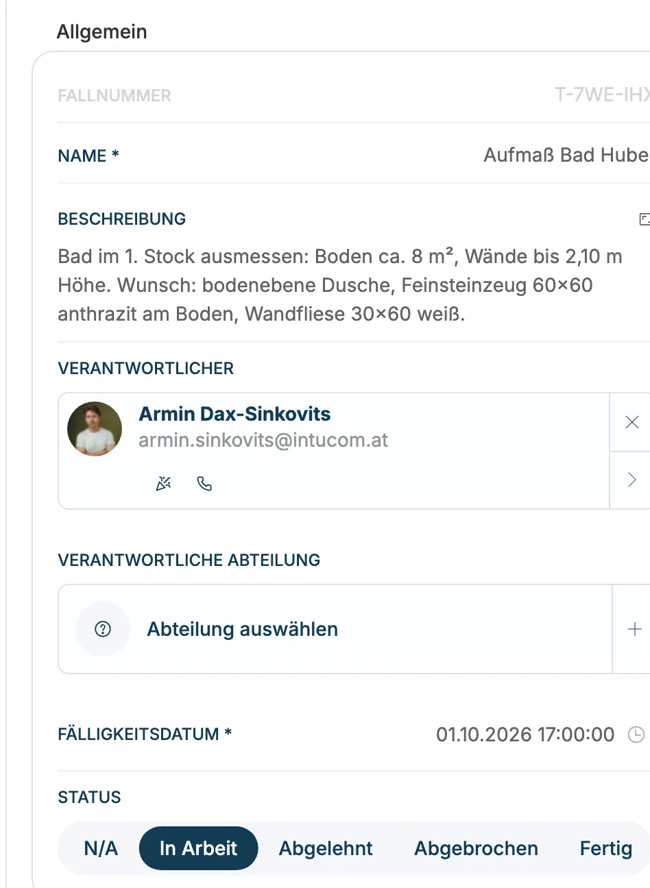 Bereich Allgemein mit Fallnummer, Name, Beschreibung, Verantwortlicher, Abteilung, Fälligkeitsdatum und Status