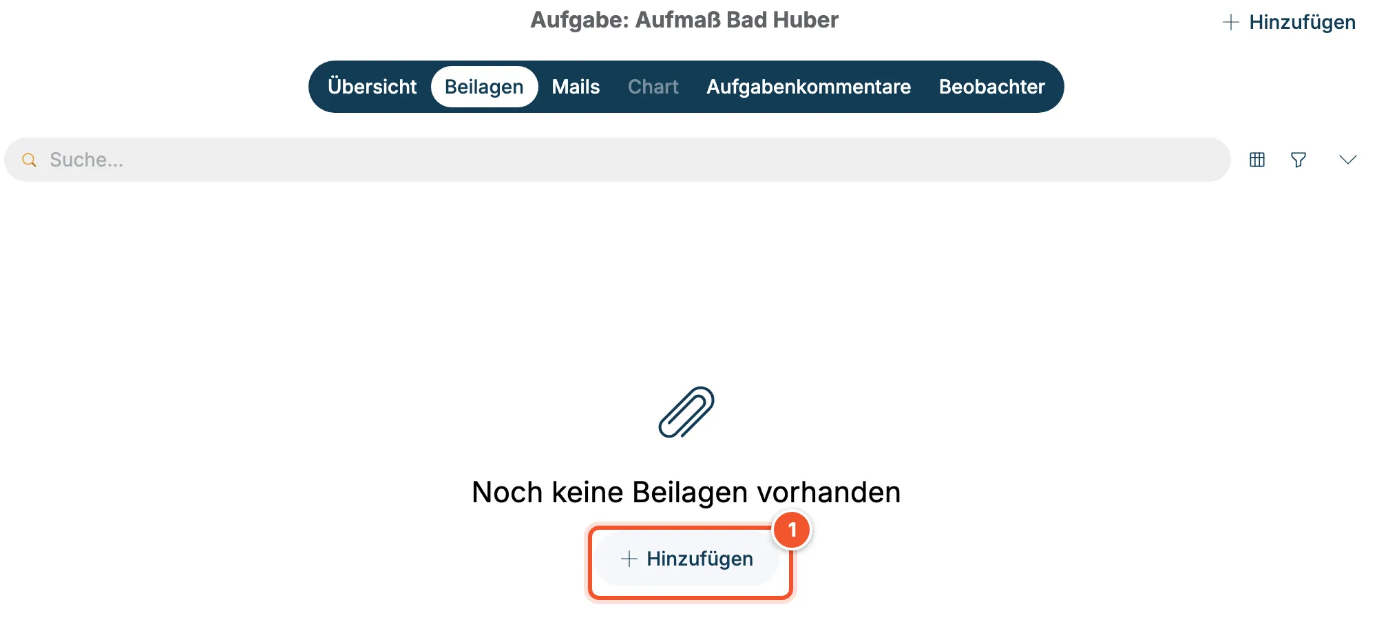 Reiter Beilagen ohne Einträge mit Schaltfläche Hinzufügen