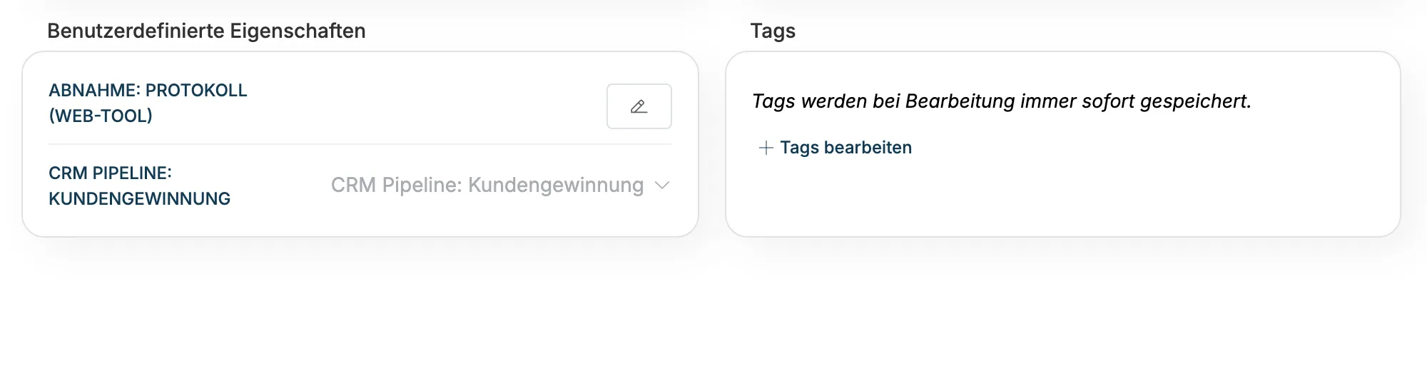 Bereiche Benutzerdefinierte Eigenschaften und Tags