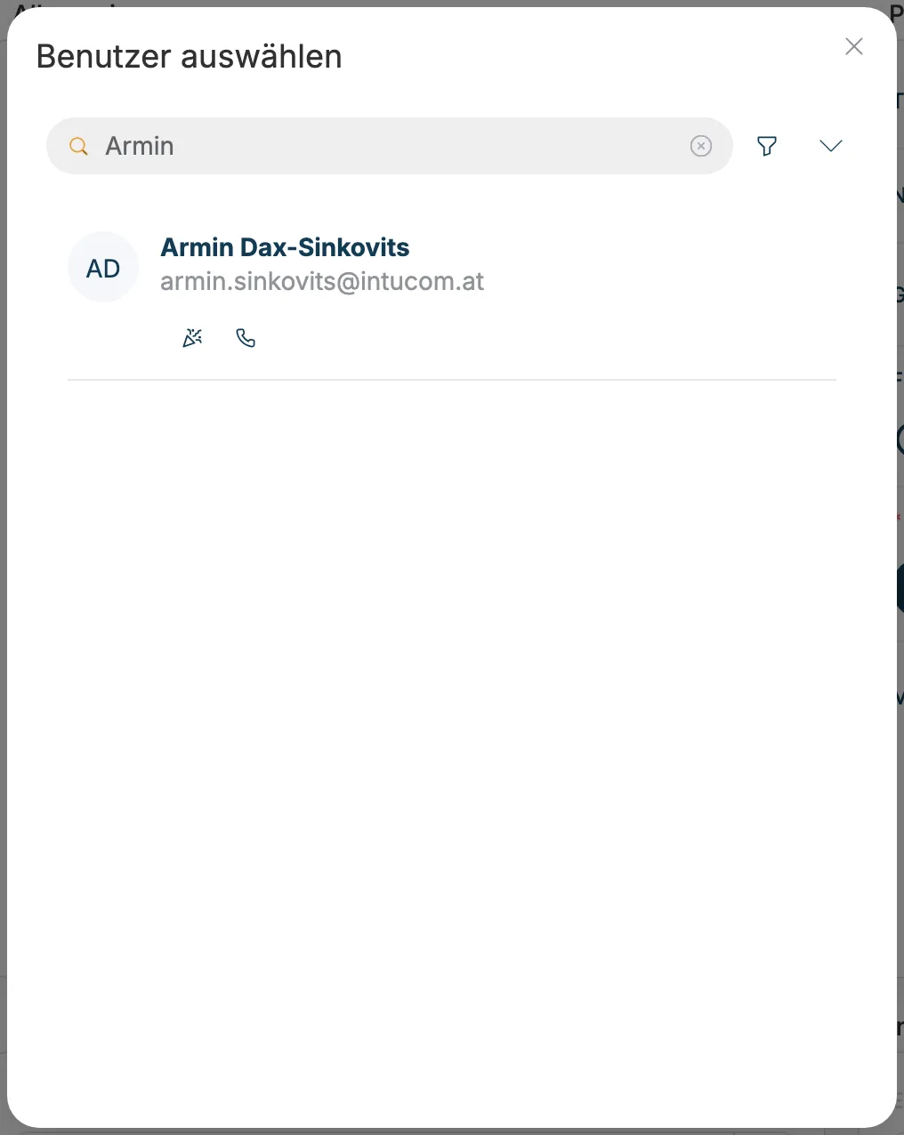 Dialog „Benutzer auswählen“ mit Suchfeld und Benutzerliste