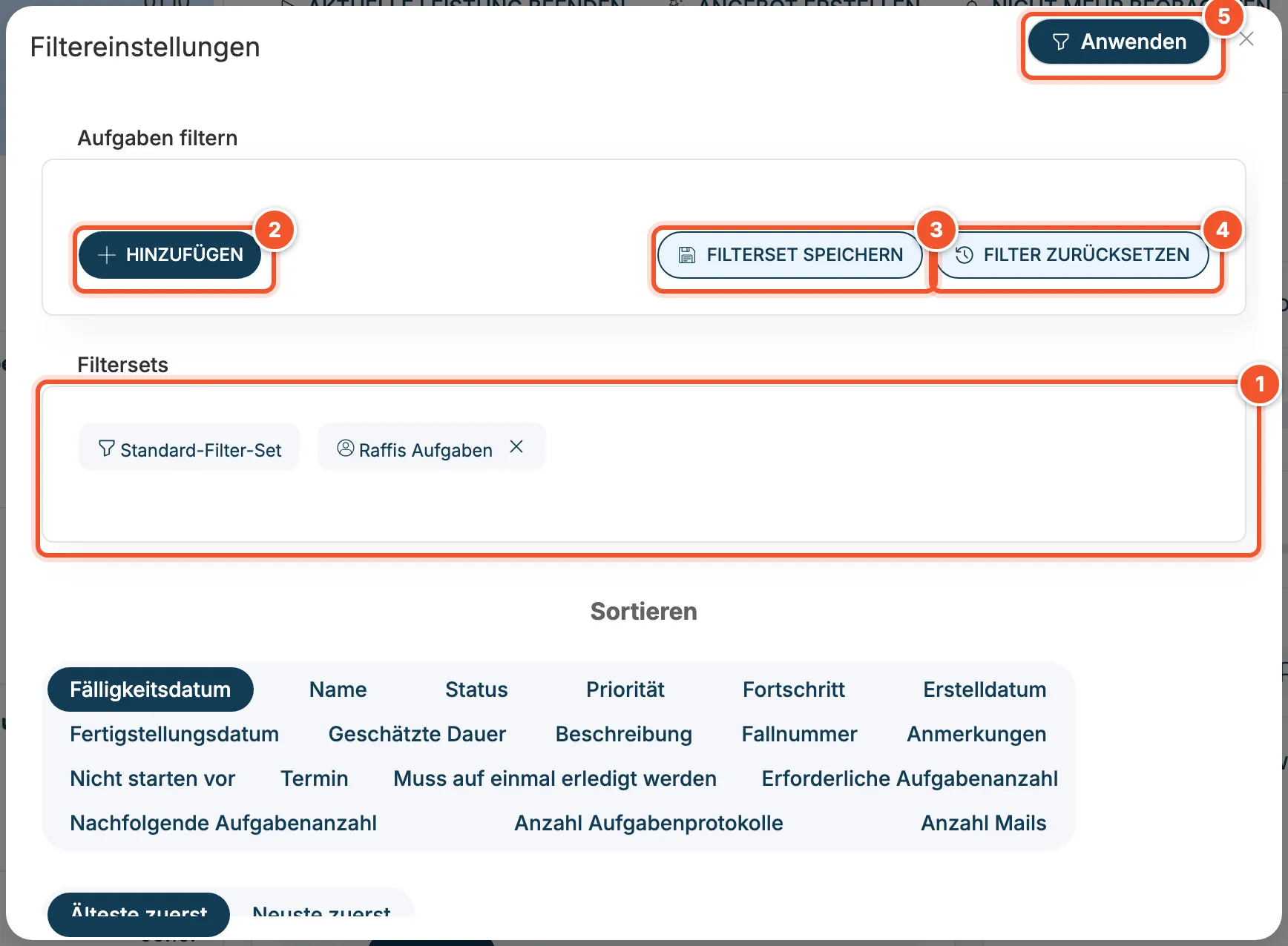 Dialog Filtereinstellungen mit drei Bedingungen und Filtersets