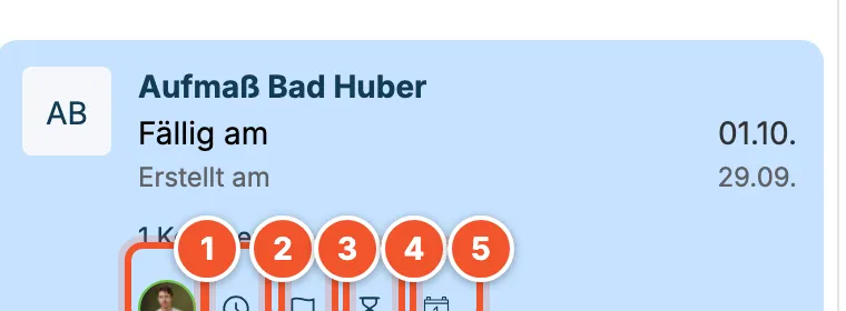 Listeneintrag „Aufmaß Bad Huber“ mit Profilbild und vier Symbolen