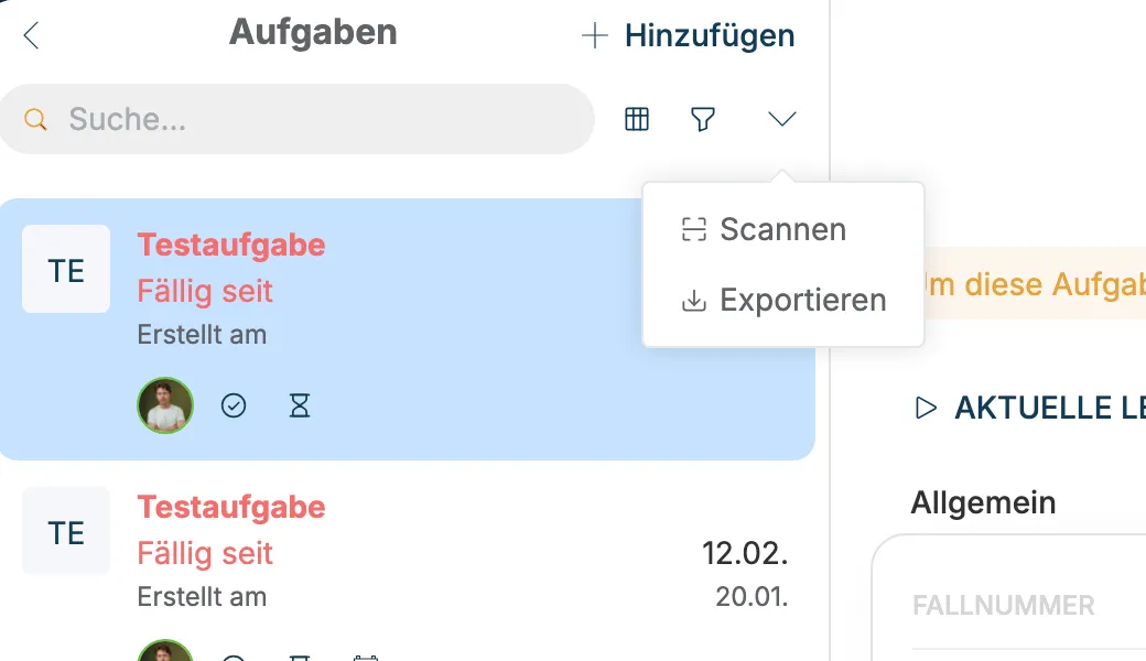 Geöffnetes Menü mit Scannen und Exportieren