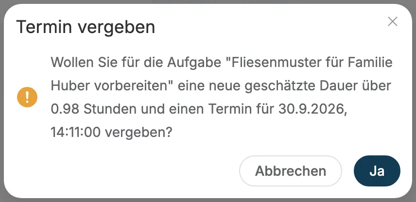 Rückfrage Termin vergeben mit Ja und Abbrechen