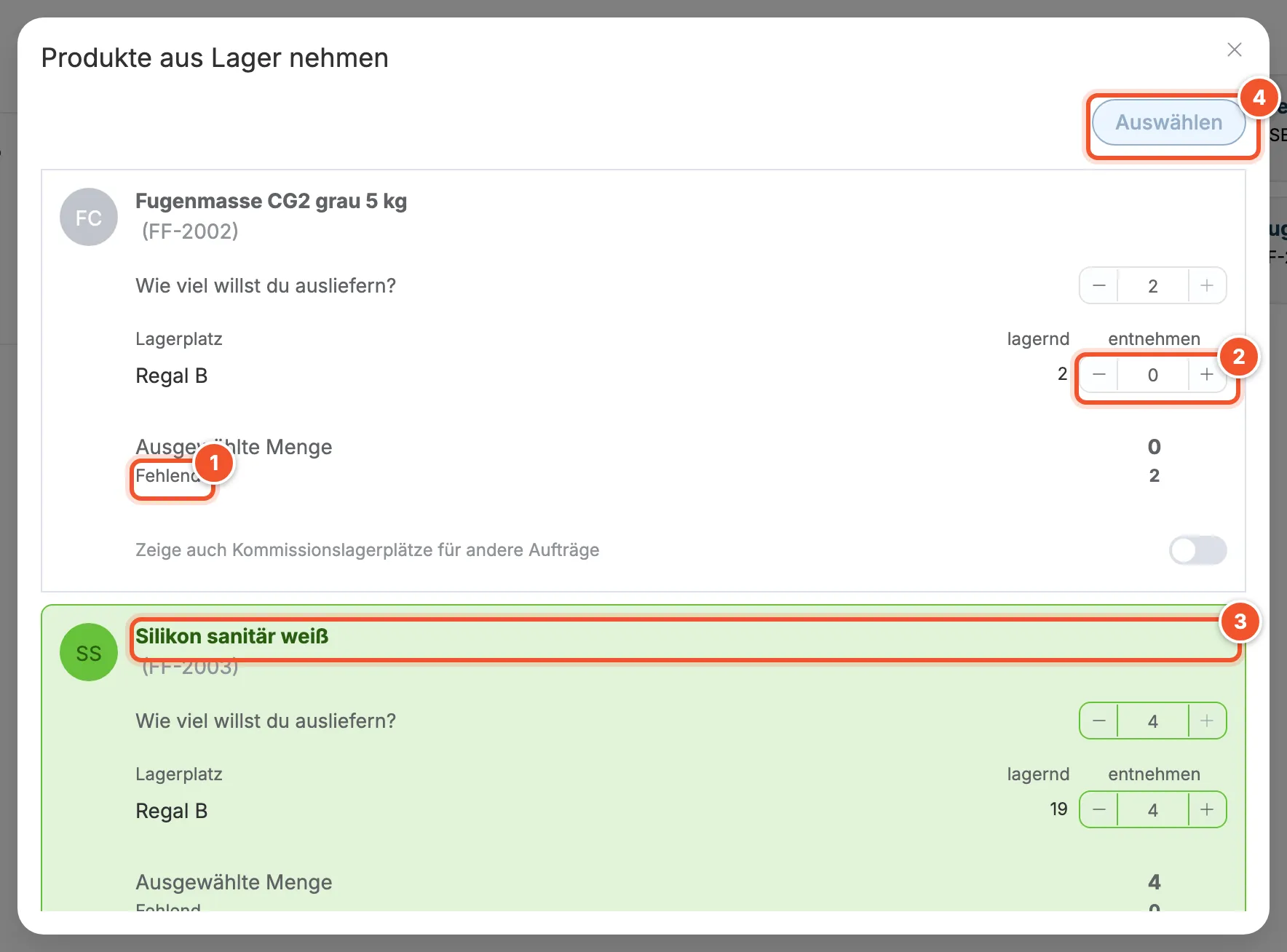 Fenster Produkte aus Lager nehmen mit den zwei Positionen aus dem Auftrag