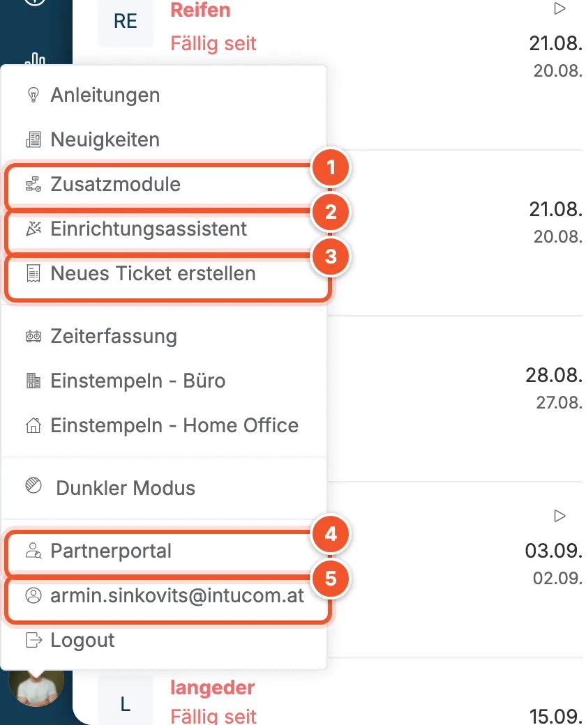 Persönliches Menü mit markierten Punkten Zusatzmodule, Einrichtungsassistent, Neues Ticket erstellen, Partnerportal und E-Mail-Adresse