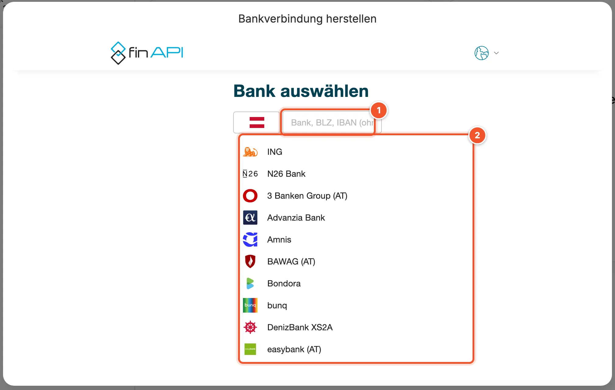 Fenster Bankverbindung herstellen mit Suchfeld und Liste der Banken