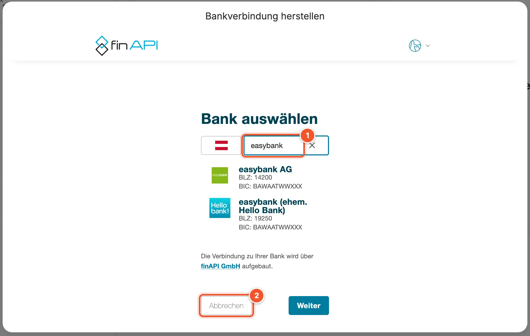 Bankauswahl mit Suchbegriff und zwei Treffern