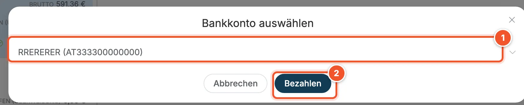 Fenster Bankkonto auswählen mit Buttons Abbrechen und Bezahlen