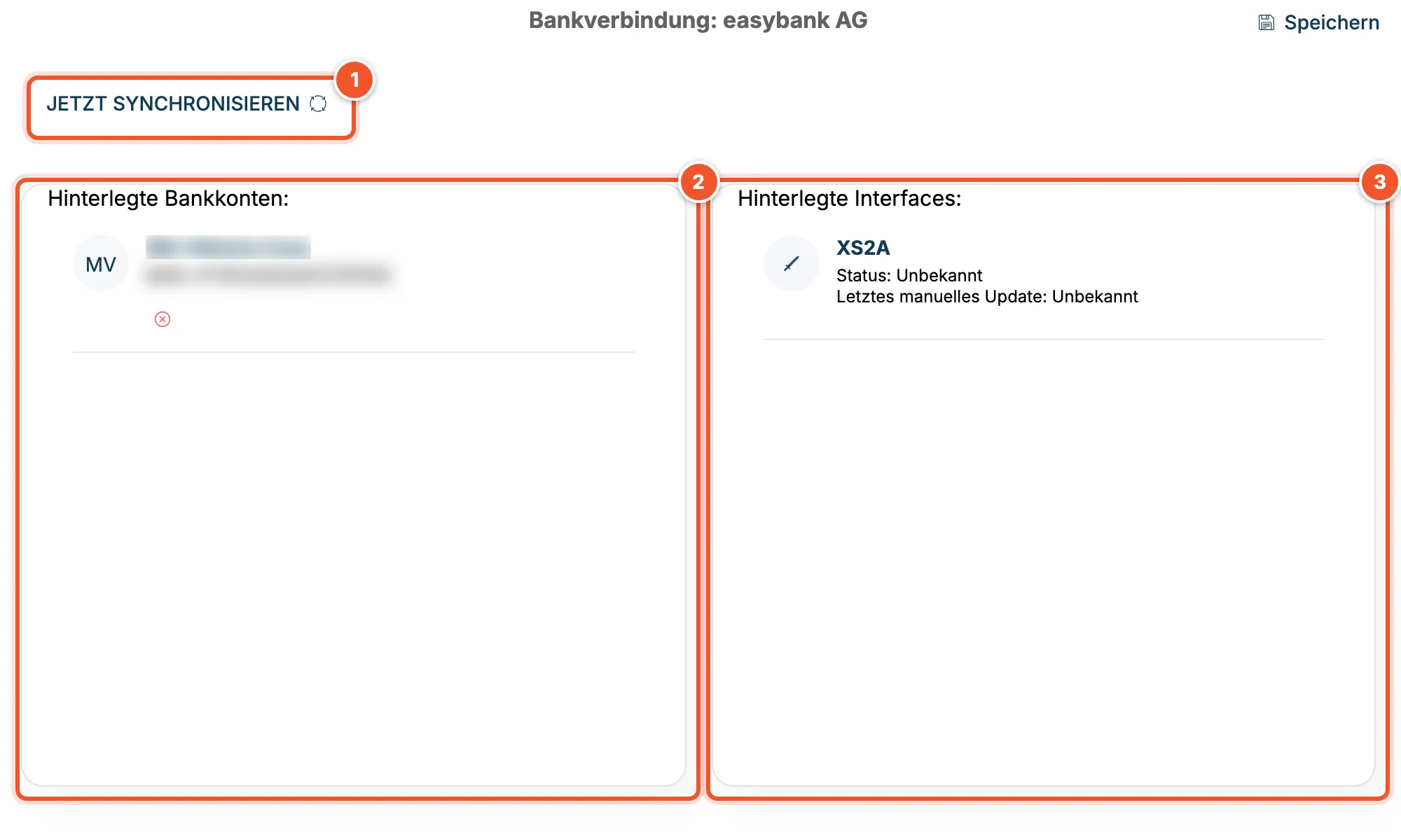 Detailansicht einer Bankverbindung mit hinterlegten Bankkonten und Interfaces