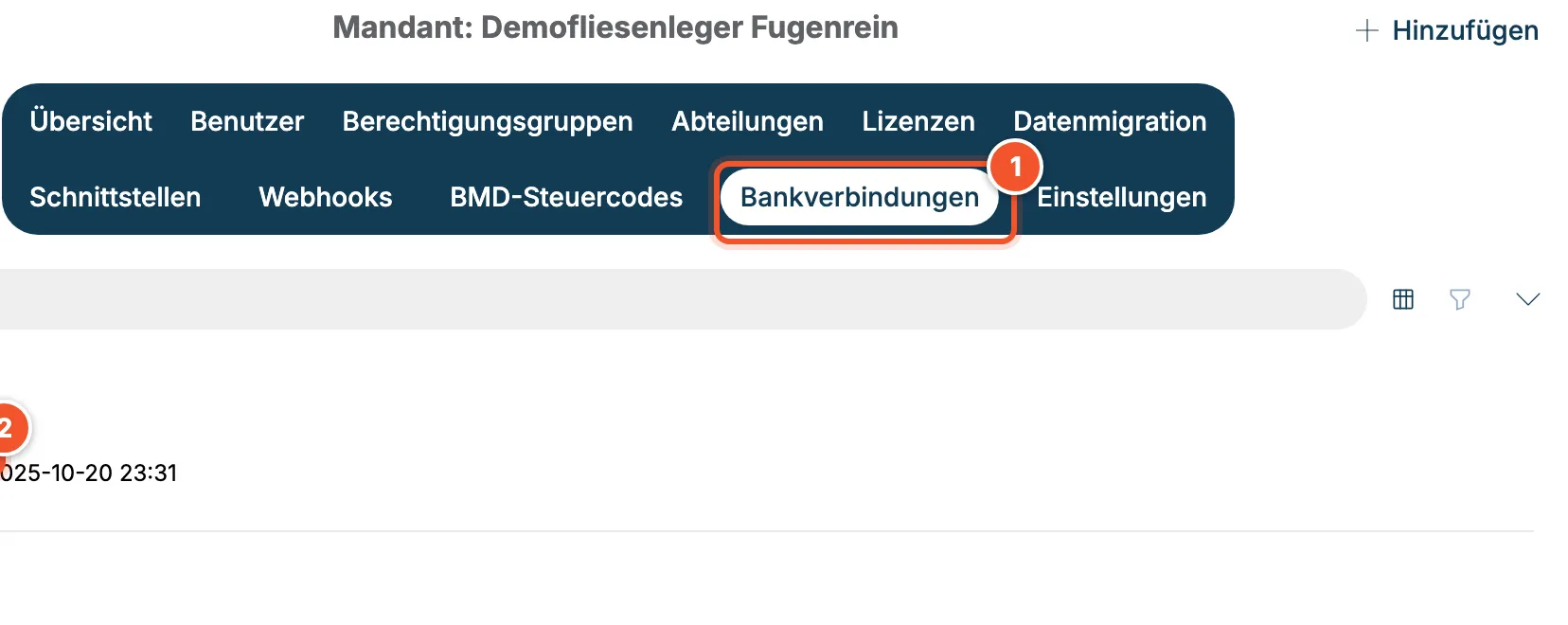 Mandantenansicht mit dem Reiter Bankverbindungen