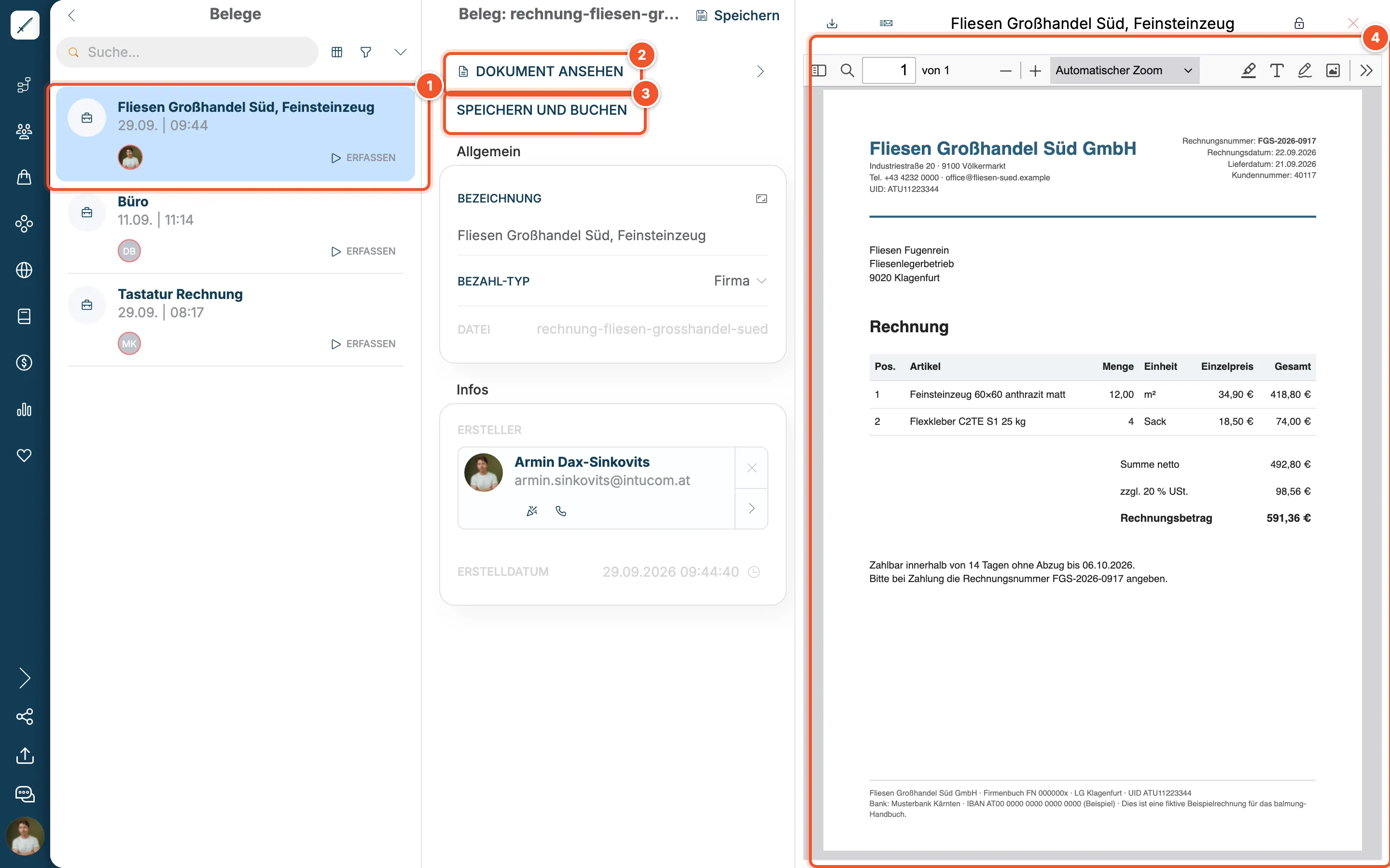 Gespeicherter Beleg mit Vorschau der PDF-Rechnung