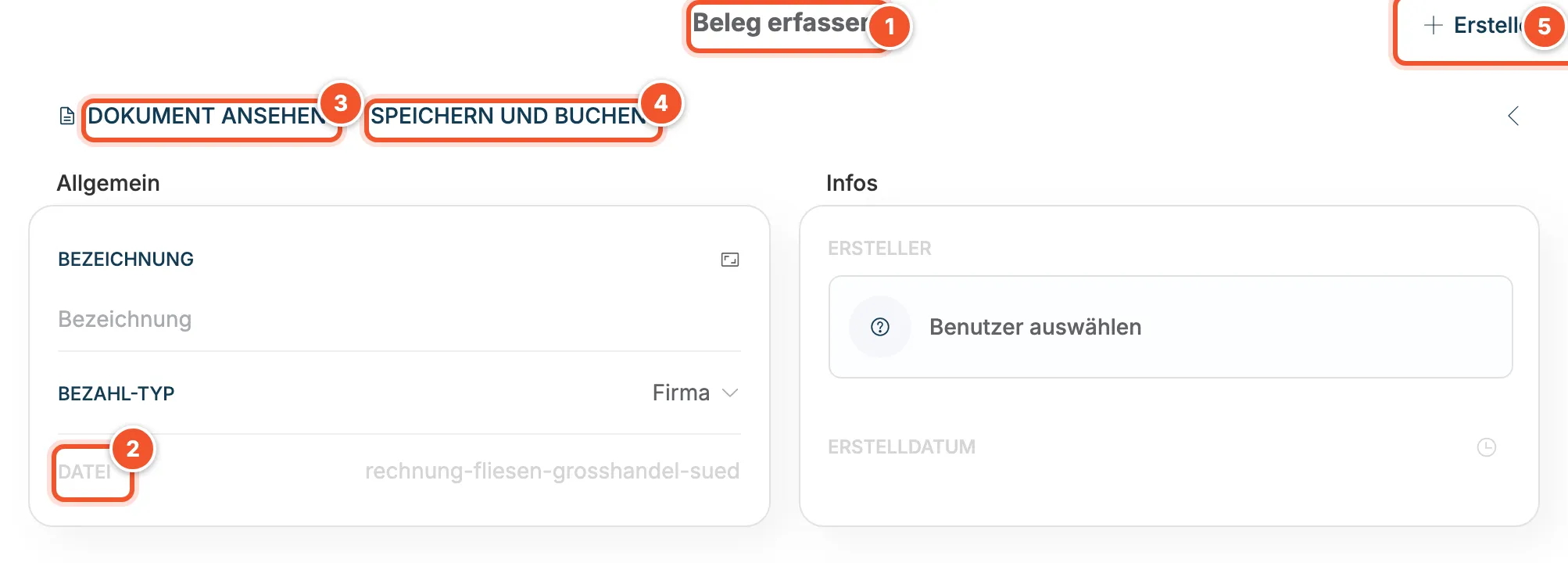 Ansicht Beleg erfassen mit der hochgeladenen Datei