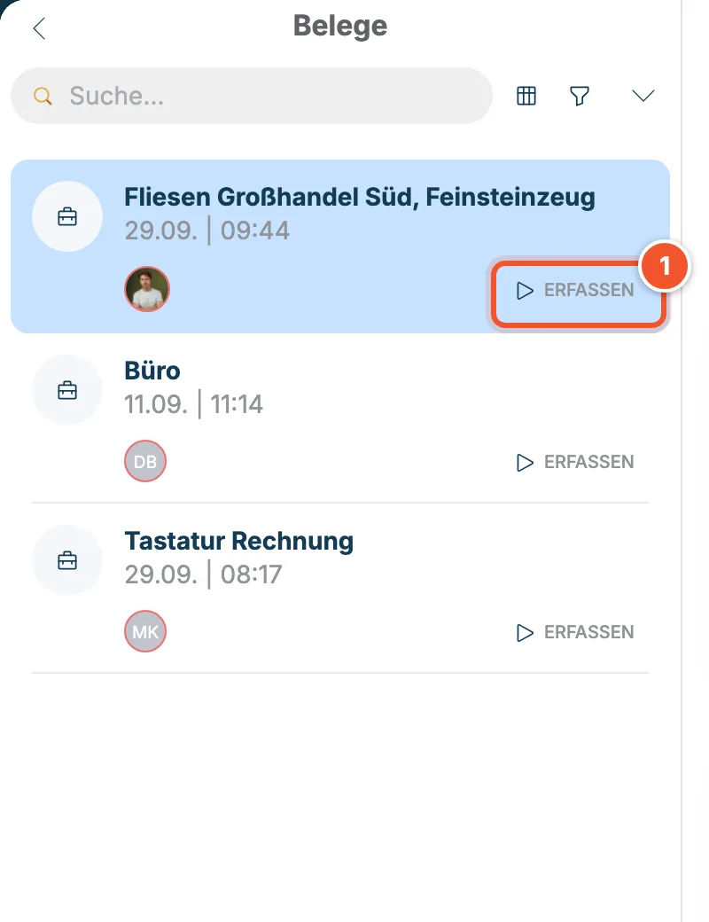 Liste der Belege mit dem Button Erfassen