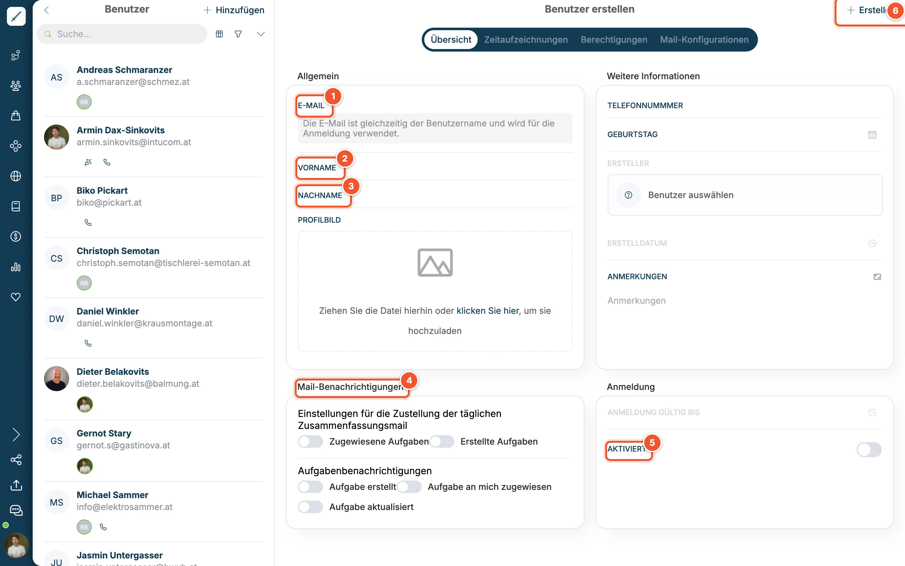 Formular Benutzer erstellen mit E-Mail, Vorname, Nachname, Profilbild und Mail-Benachrichtigungen