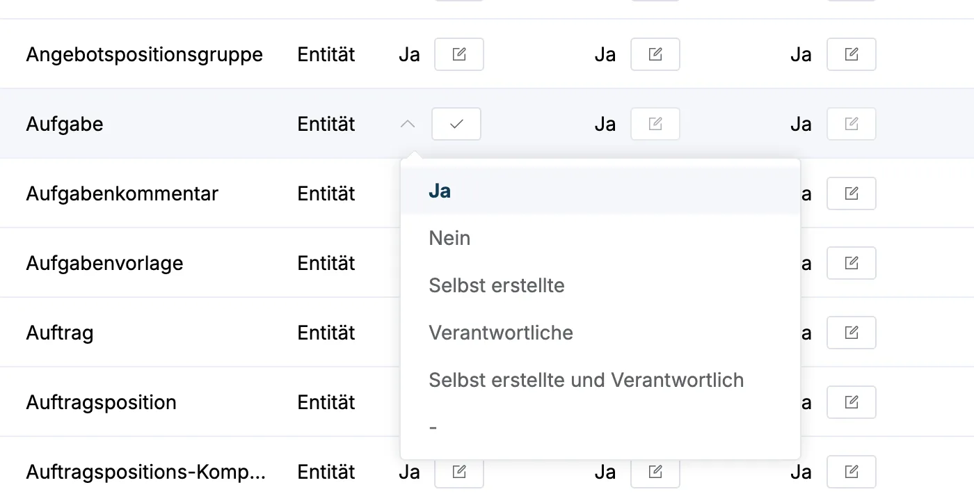 Geöffnete Auswahl mit den Werten Ja, Nein, Selbst erstellte, Verantwortliche, Selbst erstellte und Verantwortlich