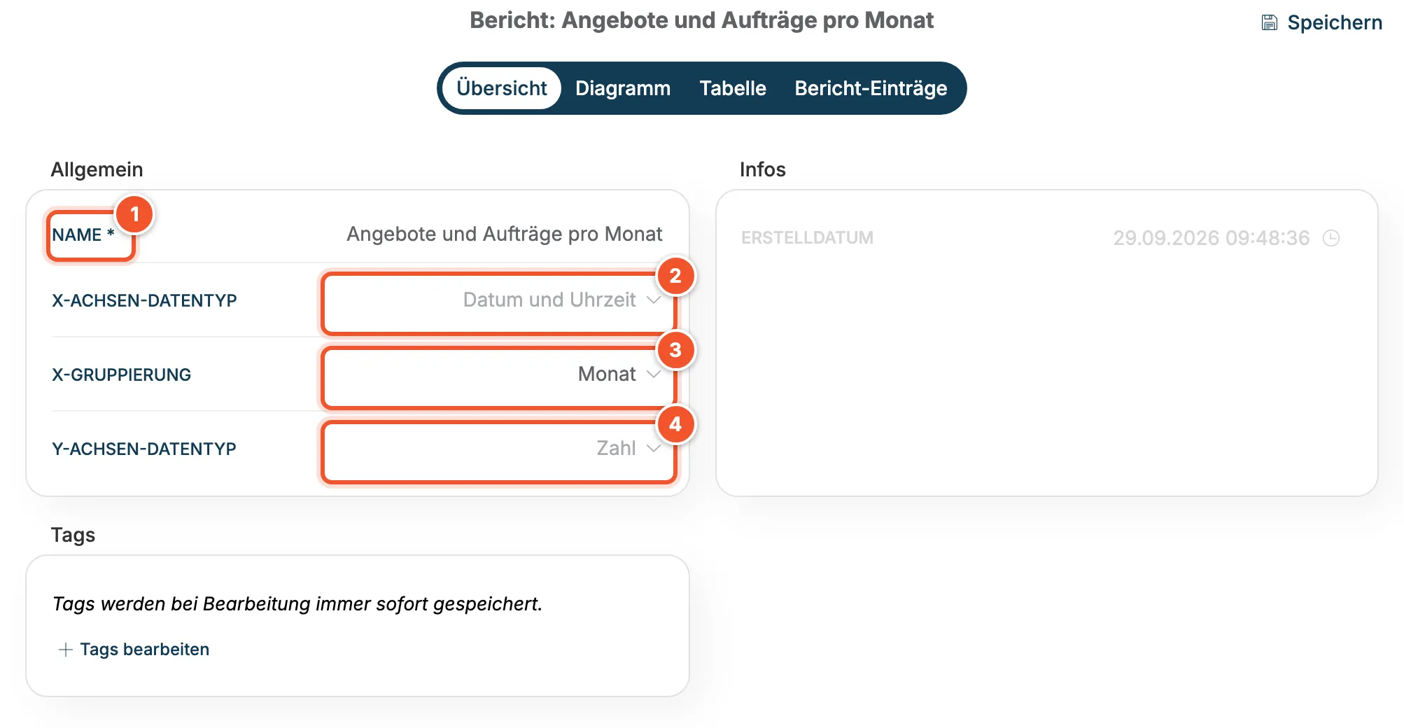 Reiter Übersicht eines Berichts mit Name und den Achseneinstellungen