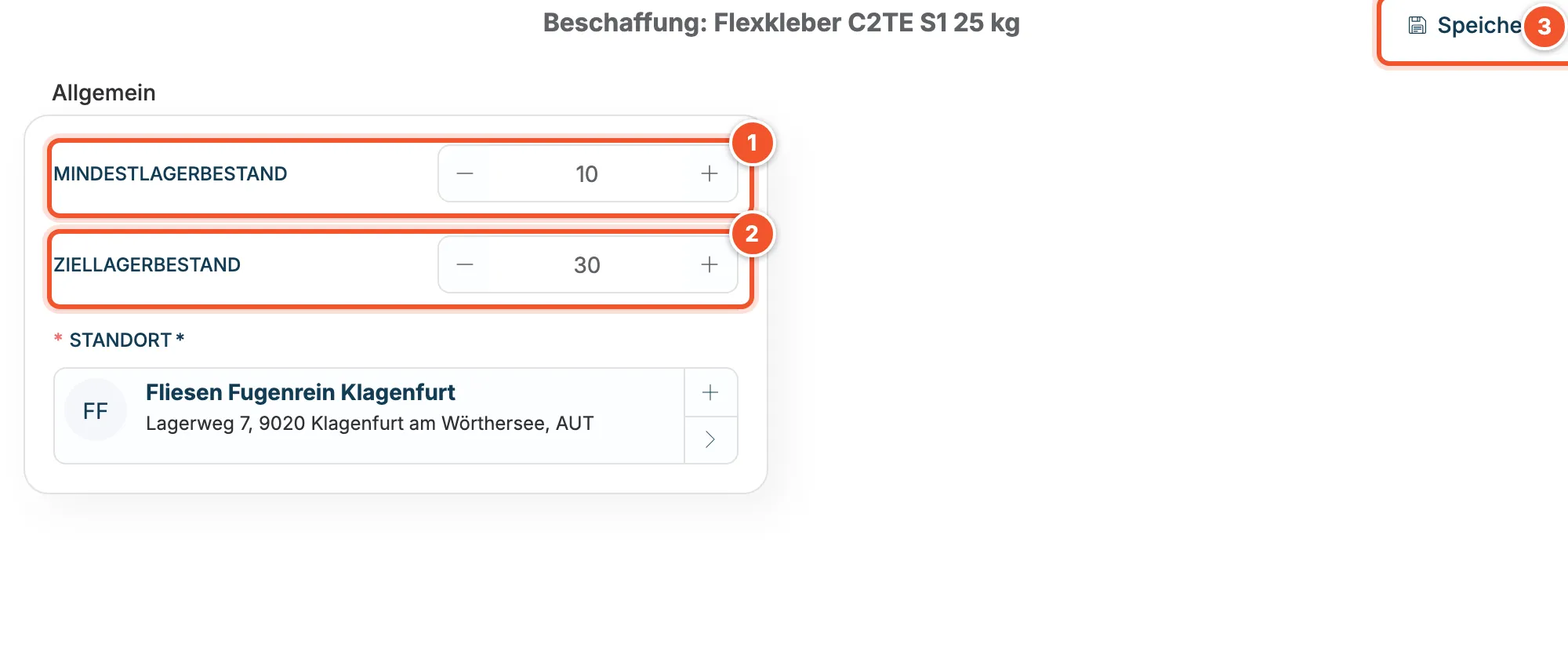 Beschaffung des Flexklebers für den Standort Fliesen Fugenrein Klagenfurt mit Mindestlagerbestand 10 und Ziellagerbestand 30