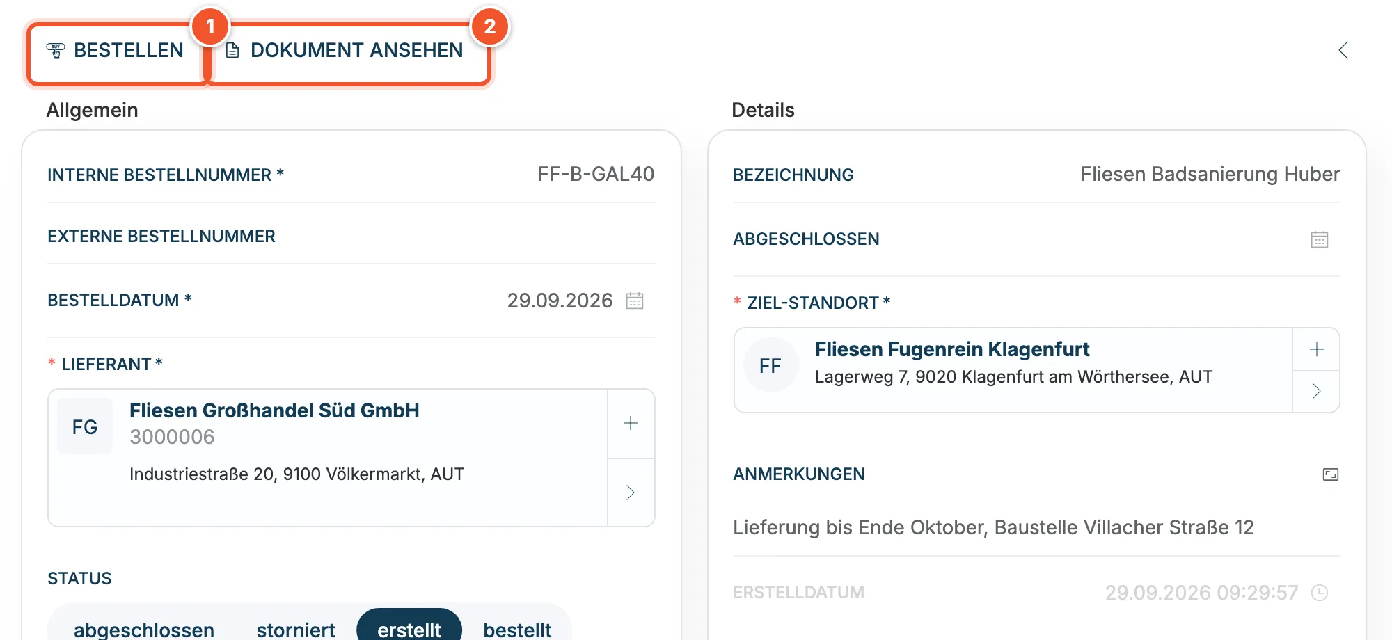 Oberer Bereich der Bestellübersicht mit den Aktionen Bestellen und Dokument ansehen