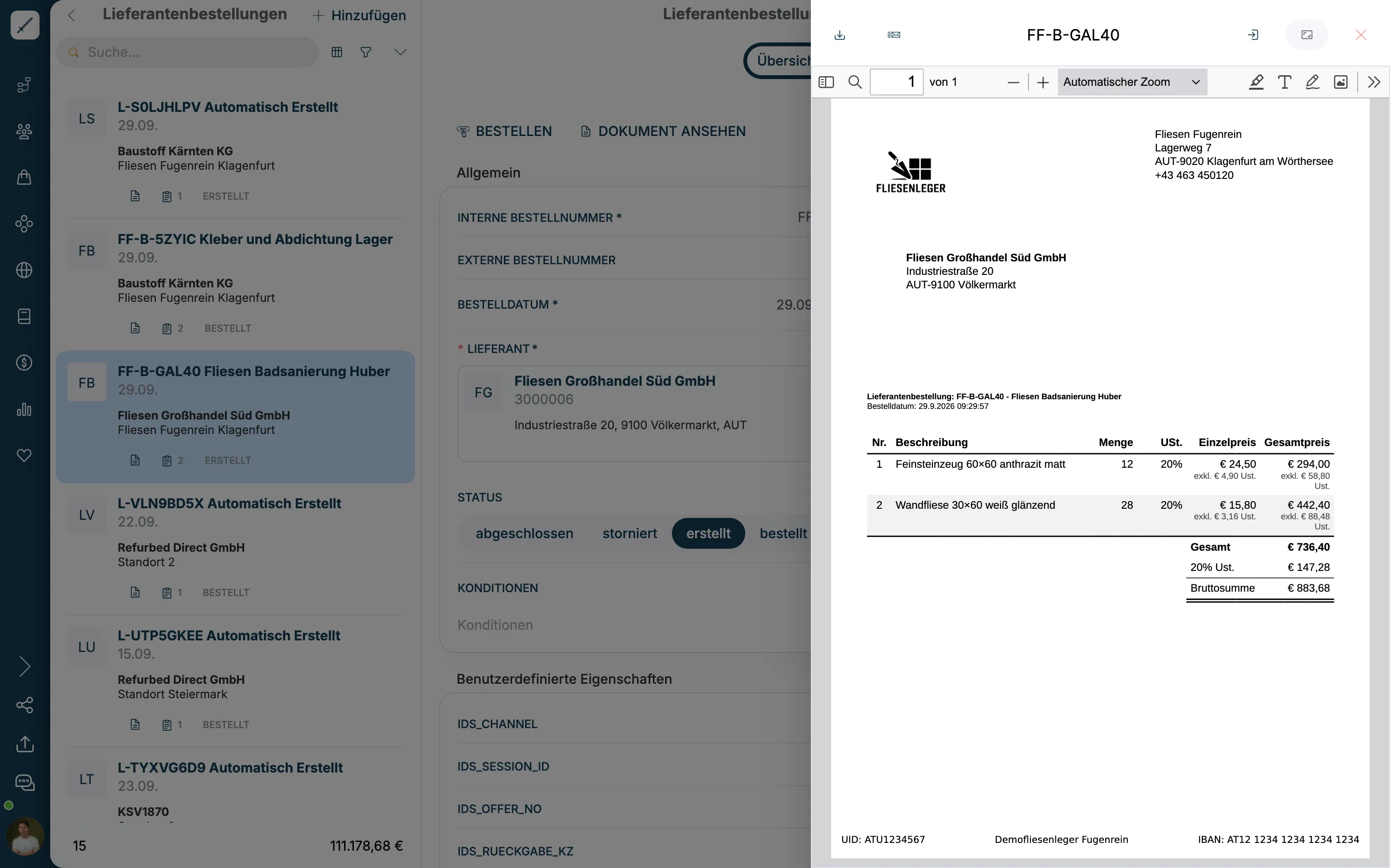 PDF-Vorschau der Bestellung FF-B-GAL40 an Fliesen Großhandel Süd GmbH mit zwei Positionen und Bruttosumme 883,68 €