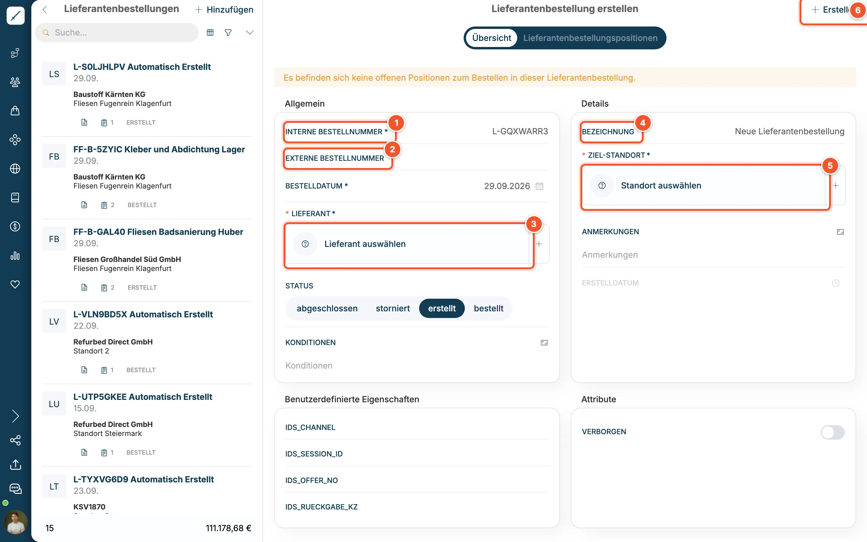 Formular Lieferantenbestellung erstellen mit interner und externer Bestellnummer, Lieferant, Bezeichnung und Ziel-Standort