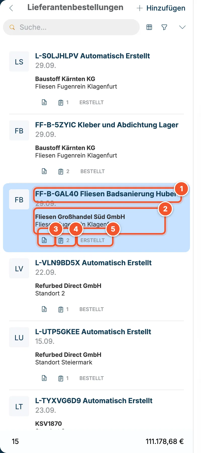 Liste der Lieferantenbestellungen mit FF-B-GAL40 Fliesen Badsanierung Huber, Fliesen Großhandel Süd GmbH, 2 Positionen, Status erstellt