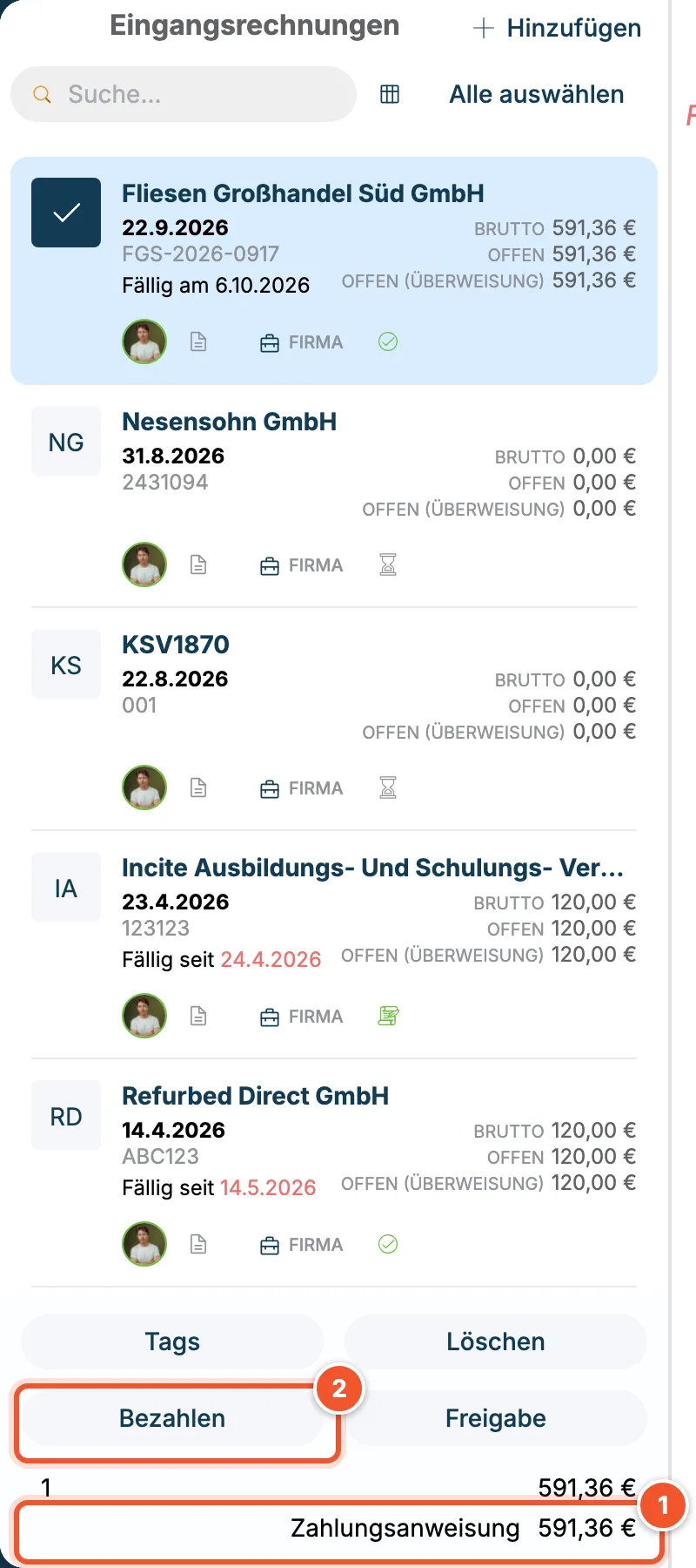Ausgewählte Rechnung mit Zahlungsanweisung 591,36 Euro und Button Bezahlen