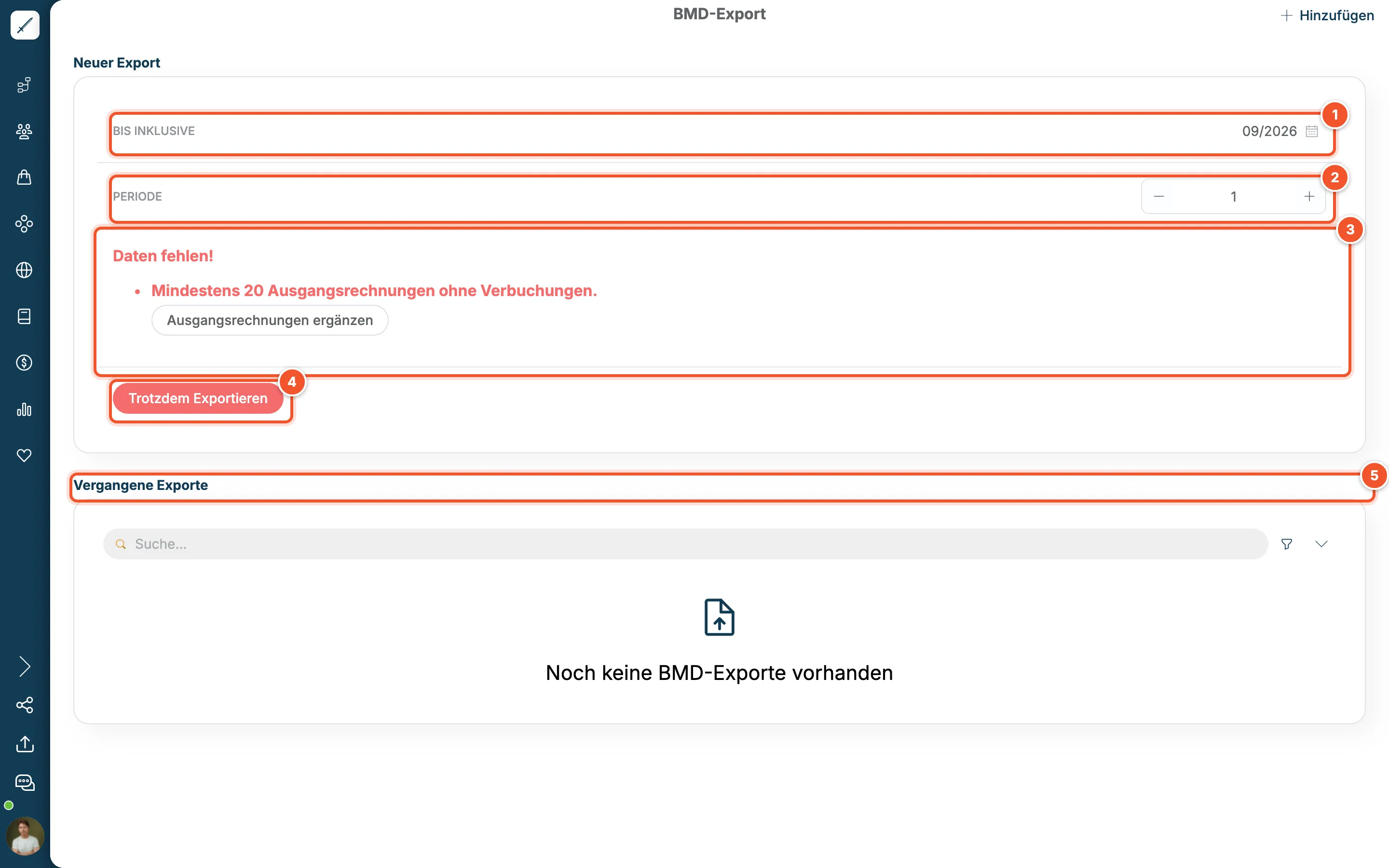 Seite BMD-Export mit neuem Export, Hinweis Daten fehlen und vergangenen Exporten