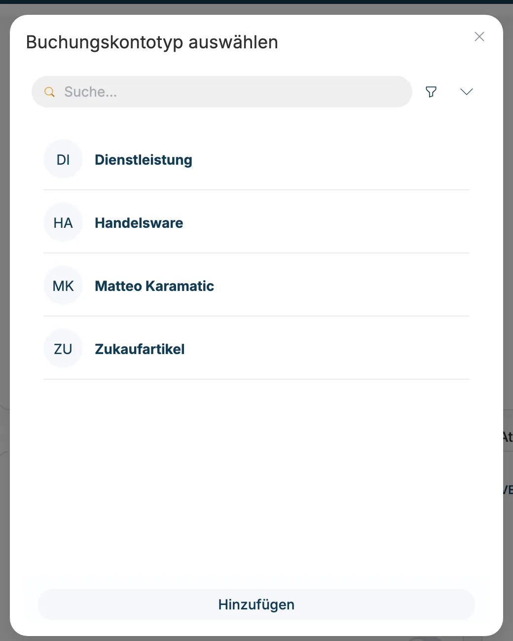 Auswahlfenster Buchungskontotyp mit Dienstleistung, Handelsware und Zukaufartikel