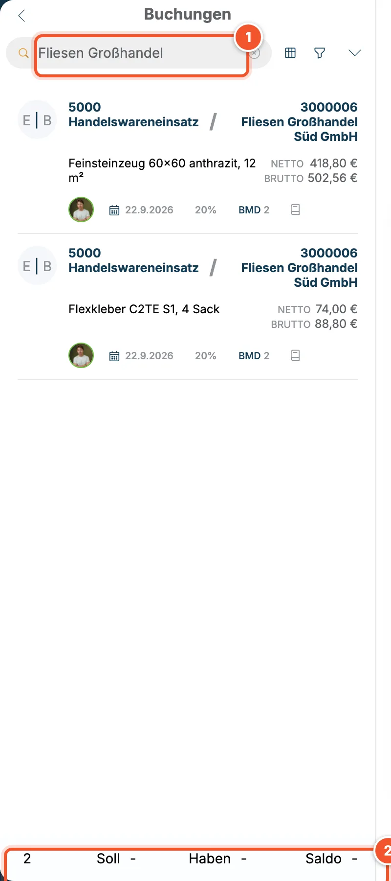 Liste der Buchungen mit Suche und Summenzeile