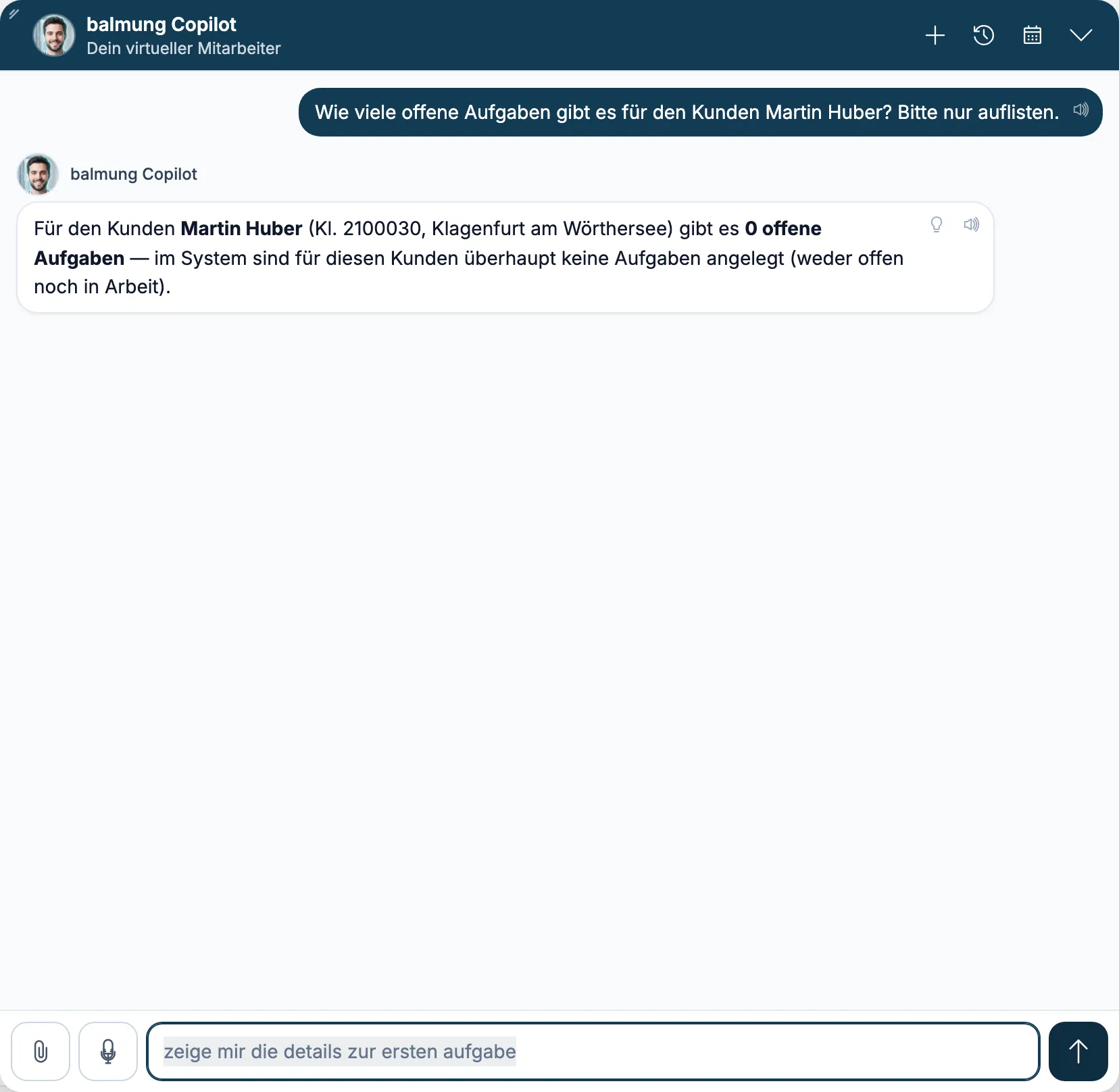 Antwort des Copilot mit drei offenen Aufgaben für Martin Huber