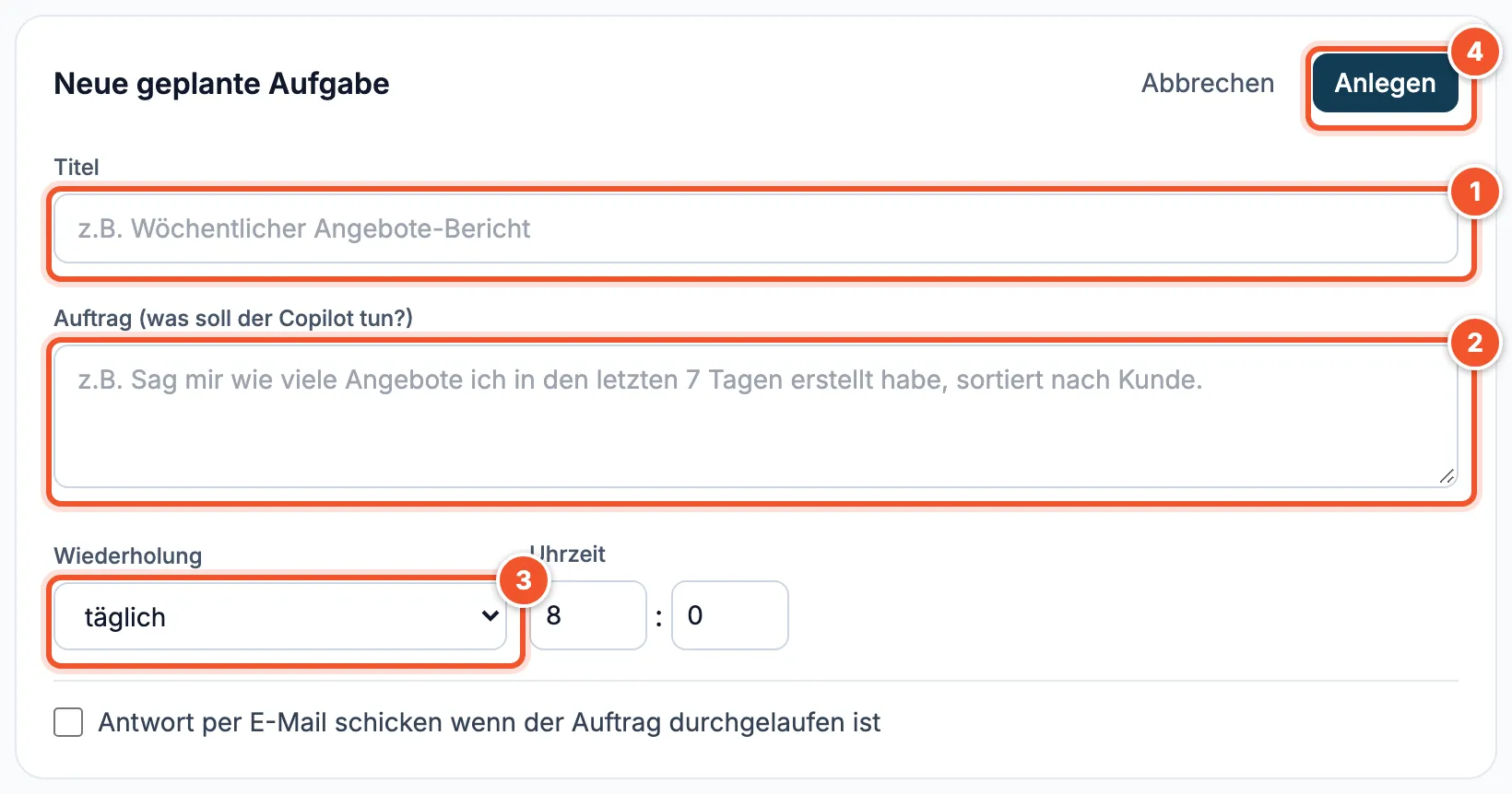 Formular Neue geplante Aufgabe mit Titel, Auftrag, Wiederholung und Uhrzeit