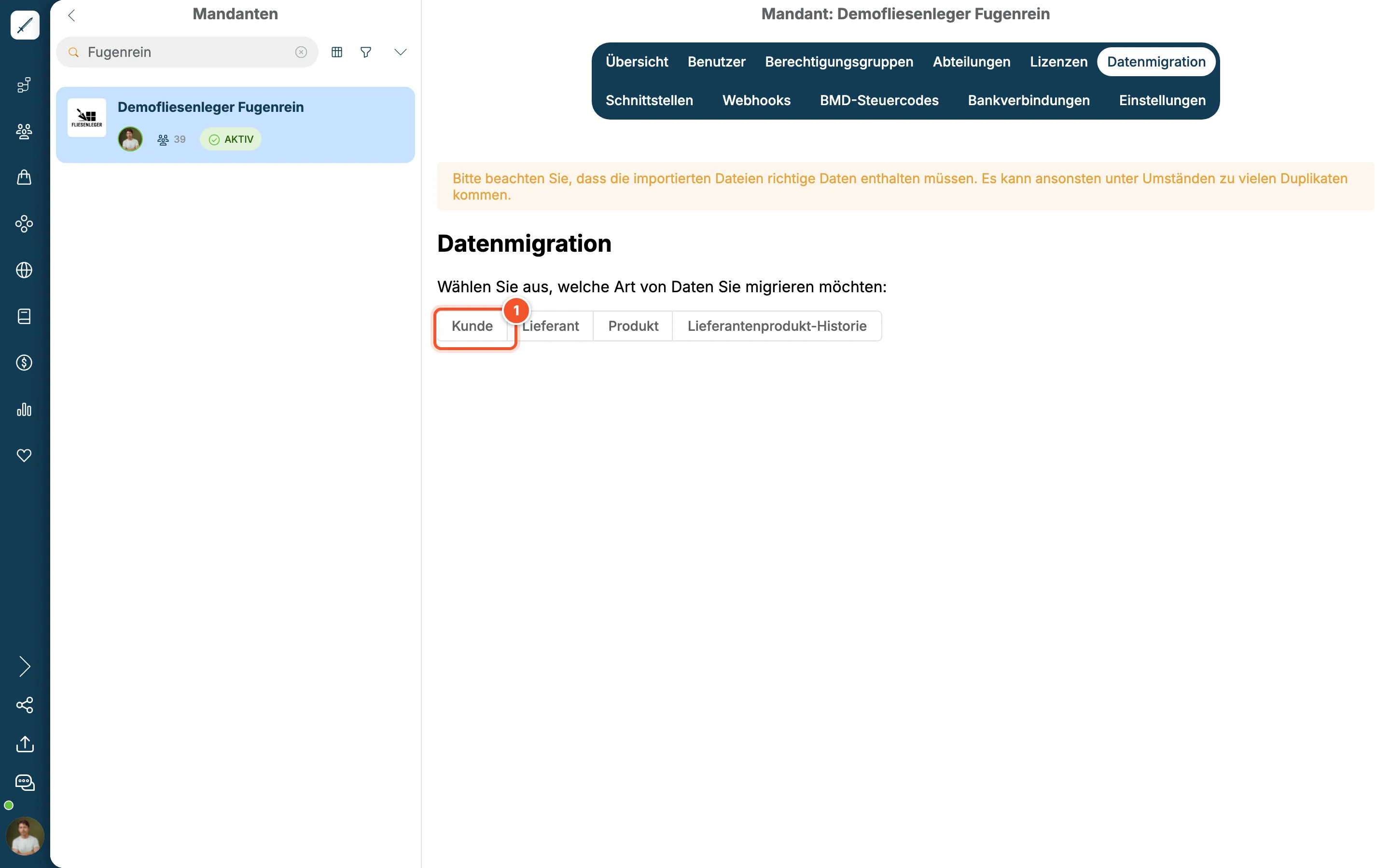 Reiter Datenmigration mit Hinweis und Auswahl Kunde, Lieferant, Produkt, Lieferantenprodukt-Historie