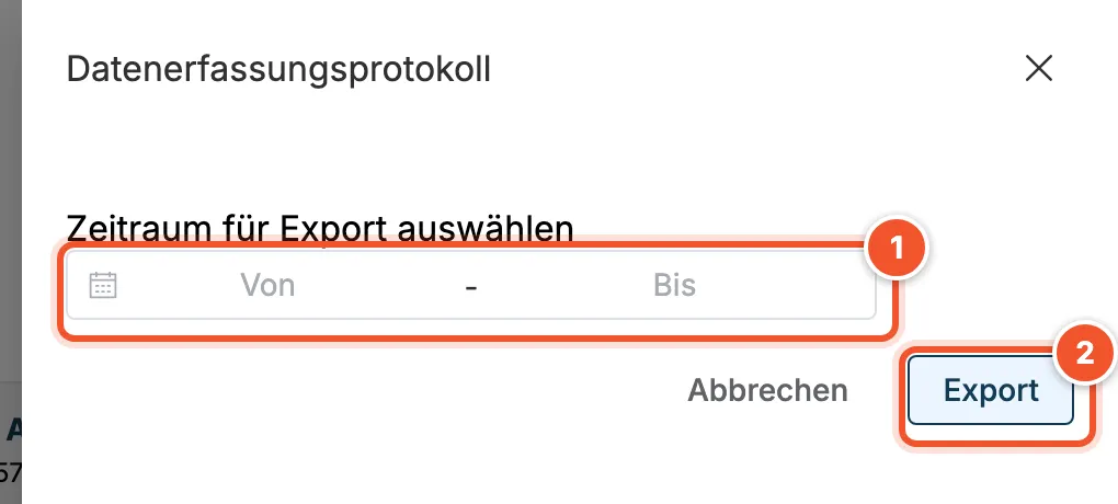 Seitenfenster Datenerfassungsprotokoll mit Zeitraum