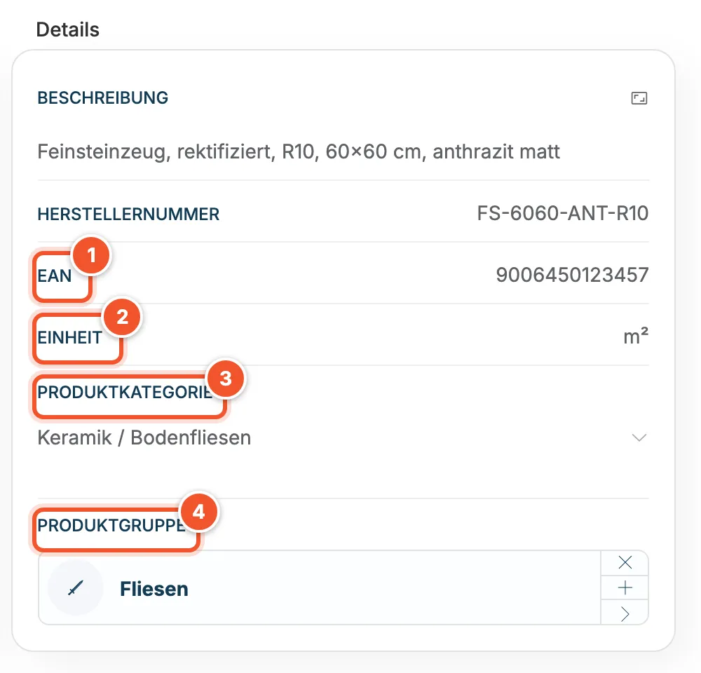 Bereich Details mit EAN, Einheit, Produktkategorie Keramik / Bodenfliesen und Produktgruppe Fliesen